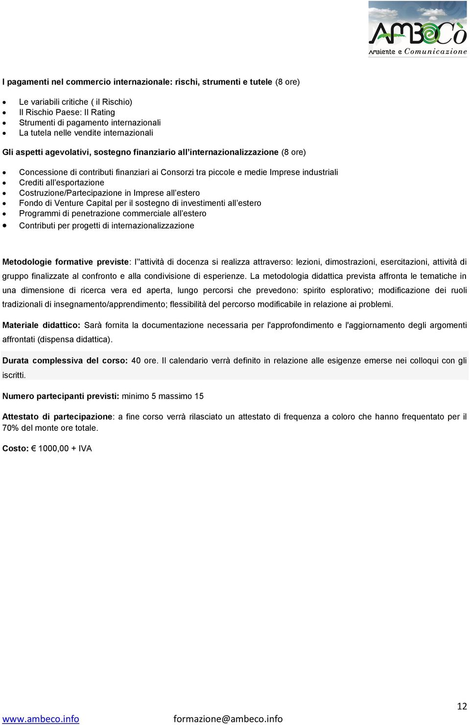 Crediti all esportazione Costruzione/Partecipazione in Imprese all estero Fondo di Venture Capital per il sostegno di investimenti all estero Programmi di penetrazione commerciale all estero