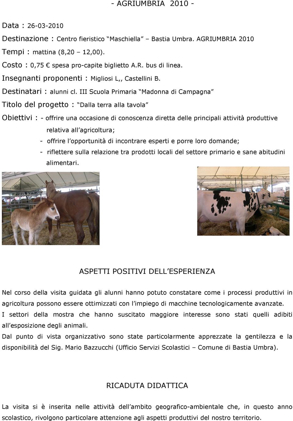 III Scuola Primaria Madonna di Campagna Titolo del progetto : Dalla terra alla tavola Obiettivi : - offrire una occasione di conoscenza diretta delle principali attività produttive relativa all