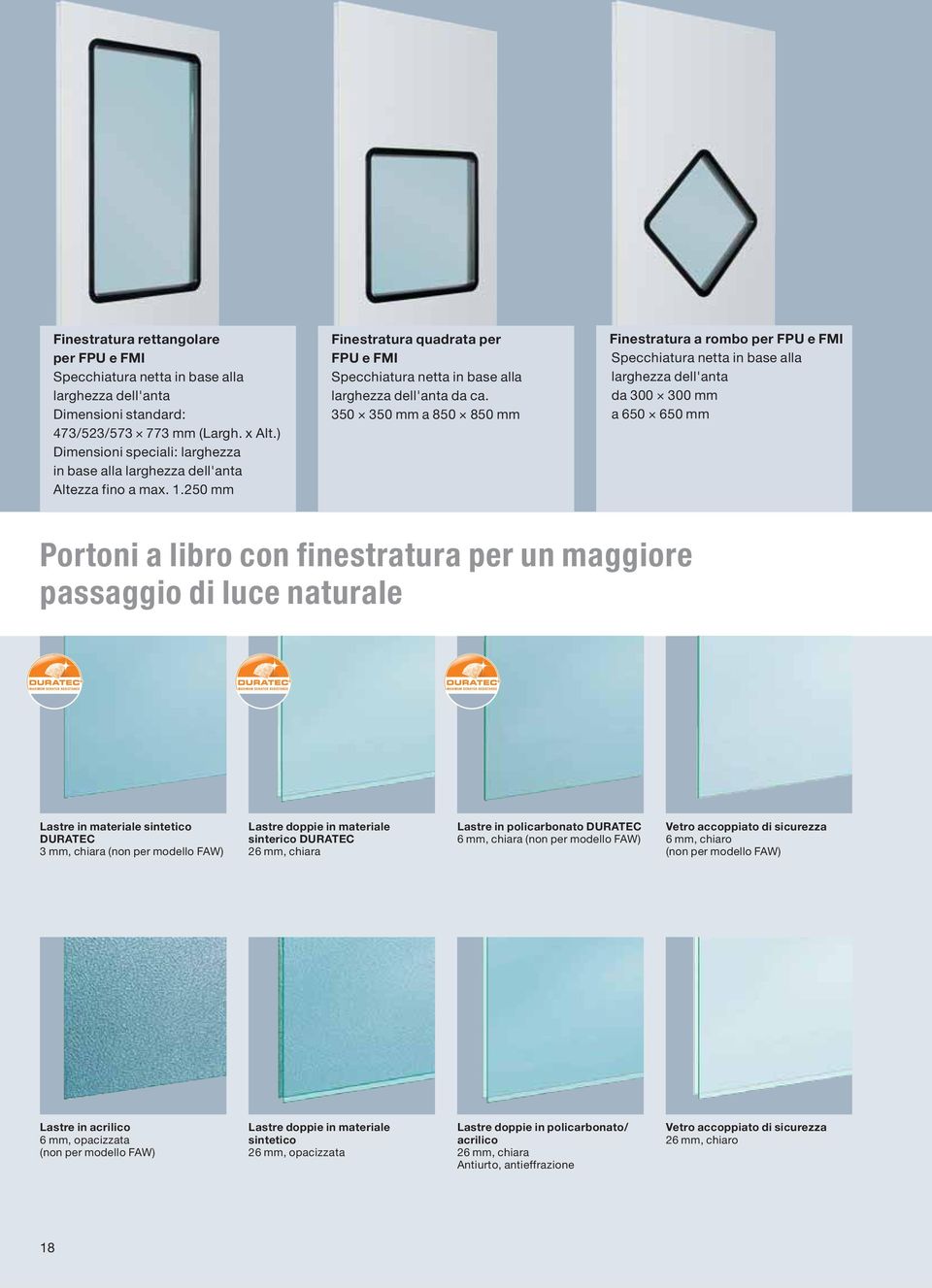 350 350 mm a 850 850 mm Finestratura a rombo per FPU e FMI Specchiatura netta in base alla larghezza dell'anta da 300 300 mm a 650 650 mm Portoni a libro con finestratura per un maggiore passaggio di