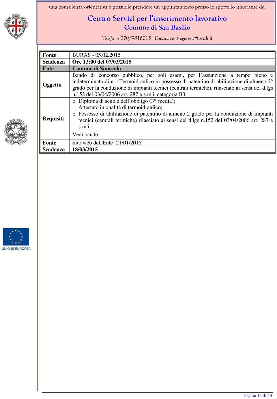 152 del 03/04/2006 art. 287 e s.m.i, categoria B3.