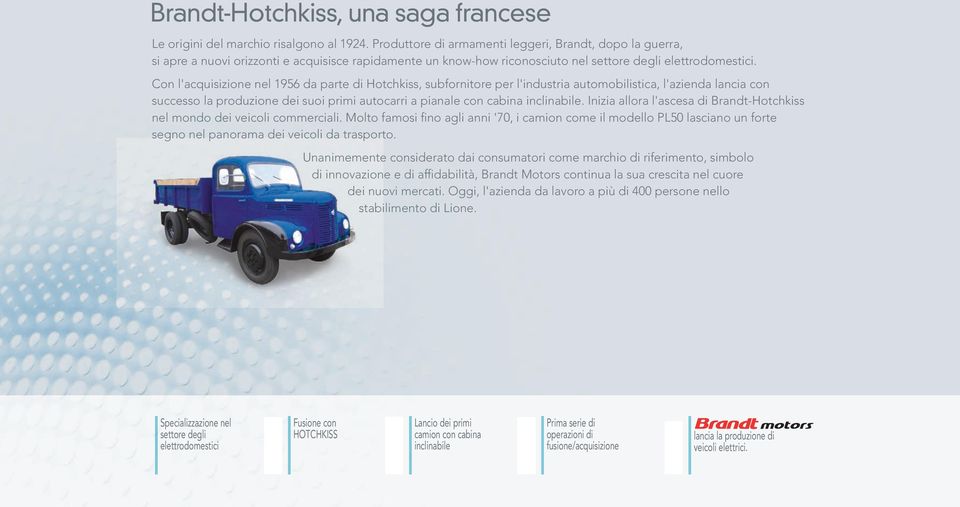 Con l'acquisizione nel 1956 da parte di Hotchkiss, subfornitore per l'industria automobilistica, l'azienda lancia con successo la produzione dei suoi primi autocarri a pianale con cabina inclinabile.