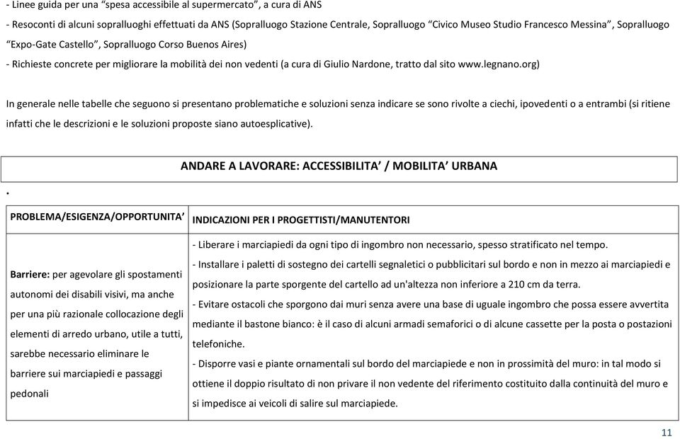 org) In generale nelle tabelle che seguono si presentano problematiche e soluzioni senza indicare se sono rivolte a ciechi, ipovedenti o a entrambi (si ritiene infatti che le descrizioni e le