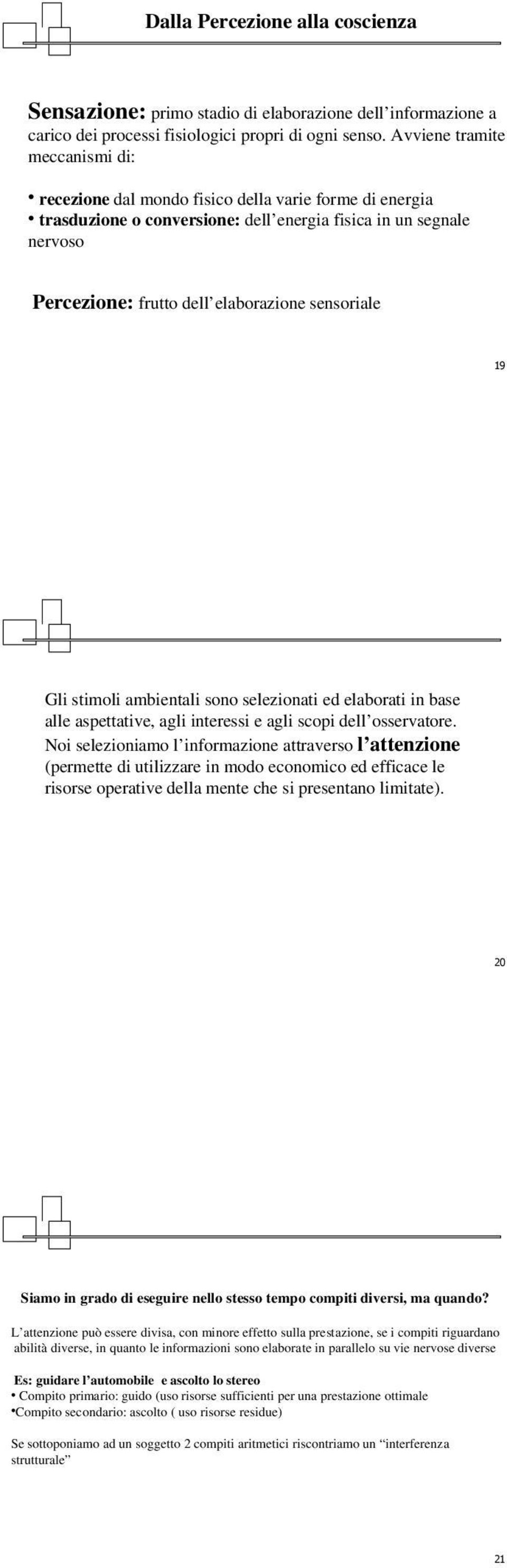 sensoriale & Gli stimoli ambientali sono selezionati ed elaborati in base alle aspettative, agli interessi e agli scopi dell osservatore.