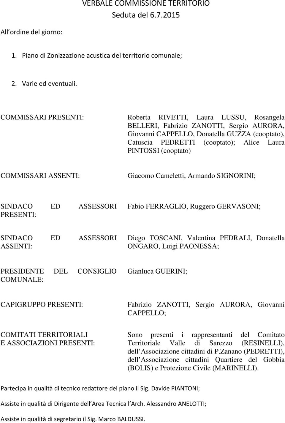 PINTOSSI (cooptato) COMMISSARI ASSENTI: Giacomo Cameletti, Armando SIGNORINI; SINDACO ED ASSESSORI PRESENTI: Fabio FERRAGLIO, Ruggero GERVASONI; SINDACO ED ASSESSORI ASSENTI: Diego TOSCANI, Valentina