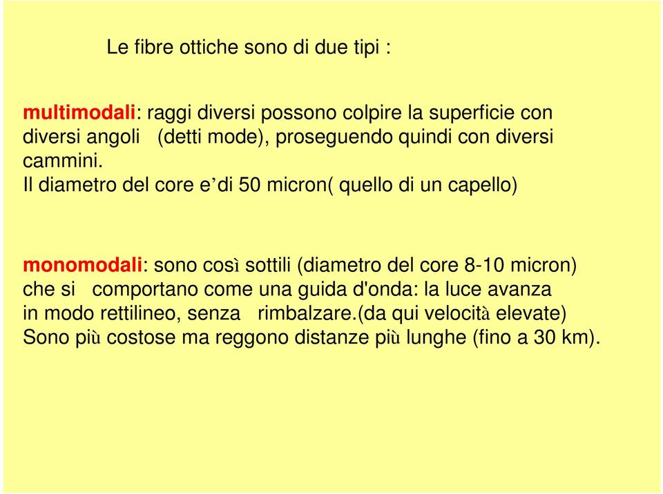 Il diametro del core e di 50 micron( quello di un capello) monomodali: sono così sottili (diametro del core 8-10