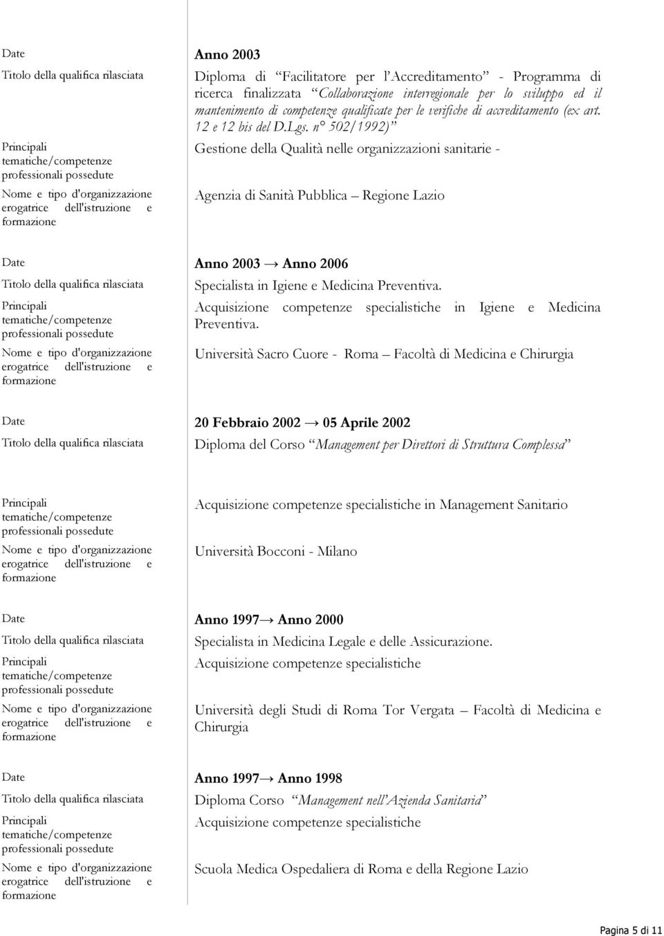 n 502/1992) Gestione della Qualità nelle organizzazioni sanitarie - Agenzia di Pubblica Regione Lazio Date Anno 2003 Anno 2006 Specialista in Igiene e Medicina Preventiva.