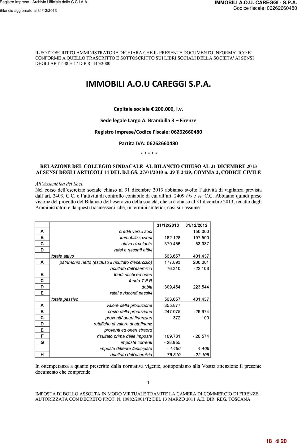 Brambilla 3 Firenze Registro imprese/codice Fiscale: 06262660480 Partita IVA: 06262660480 * * * * * RELAZIONE DEL COLLEGIO SINDACALE AL BILANCIO CHIUSO AL 31 DICEMBRE 2013 AI SENSI DEGLI ARTICOLI 14