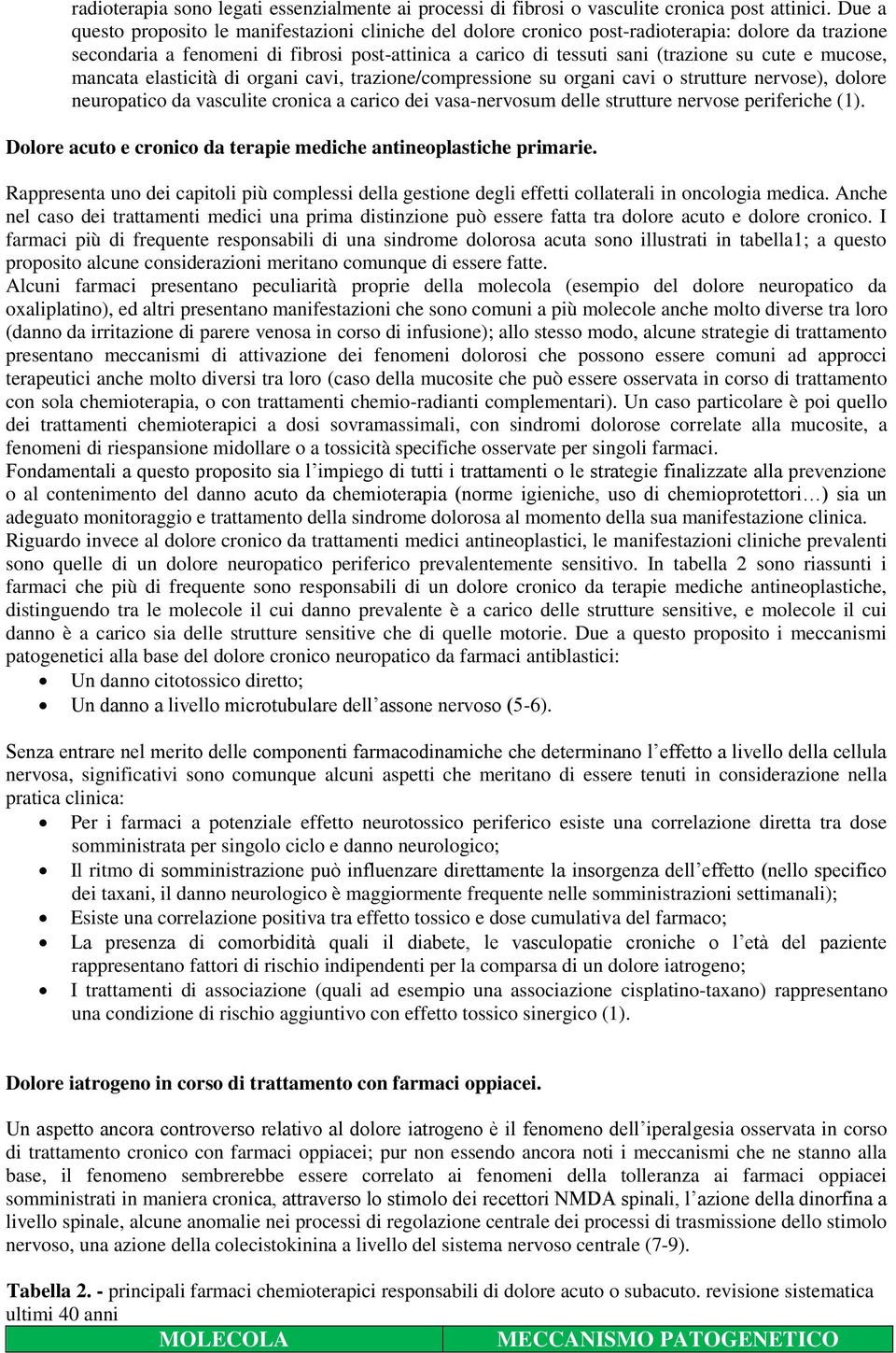 mucose, mancata elasticità di organi cavi, trazione/compressione su organi cavi o strutture nervose), dolore neuropatico da vasculite cronica a carico dei vasa-nervosum delle strutture nervose