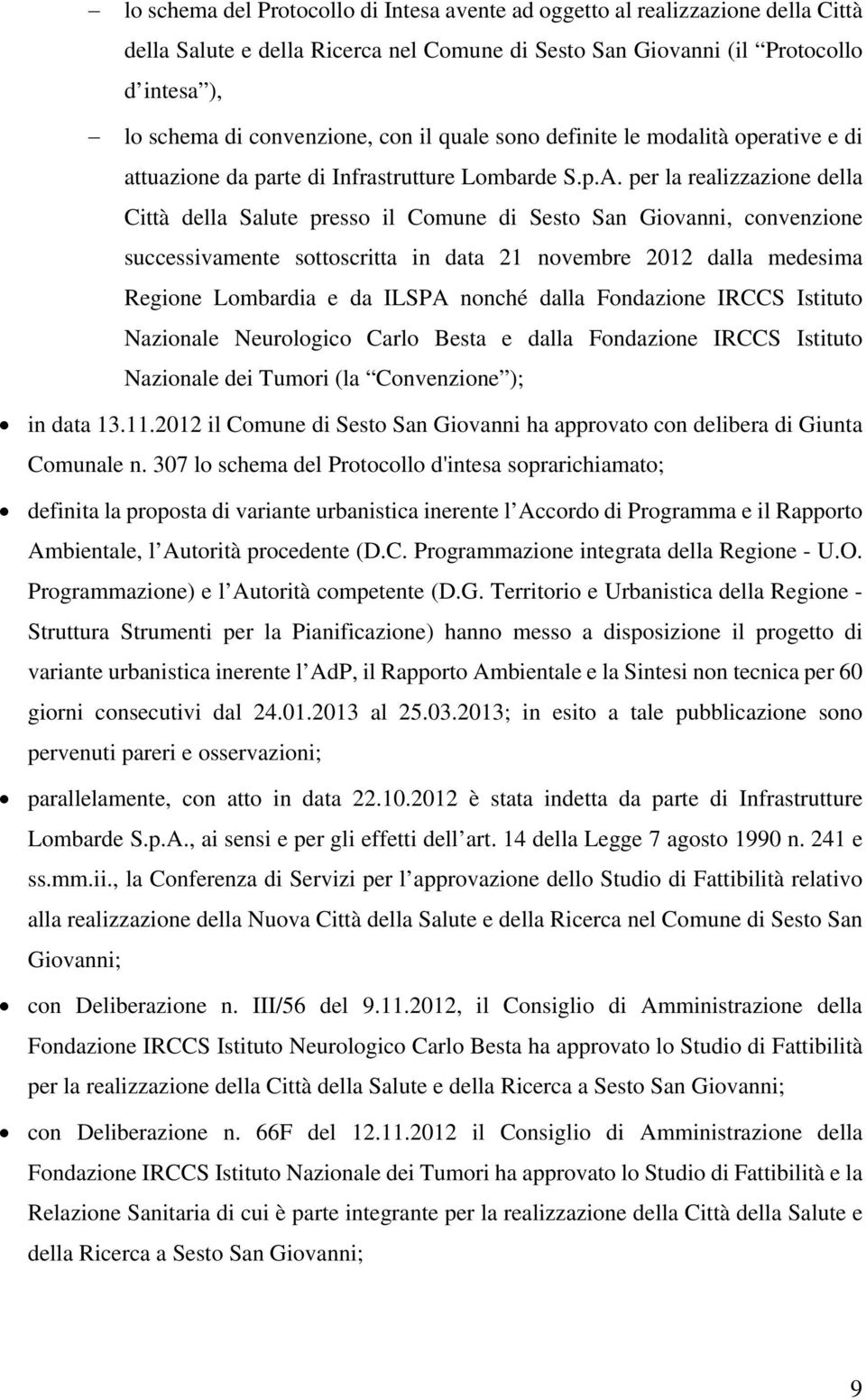 per la realizzazione della Città della Salute presso il Comune di Sesto San Giovanni, convenzione successivamente sottoscritta in data 21 novembre 2012 dalla medesima Regione Lombardia e da ILSPA