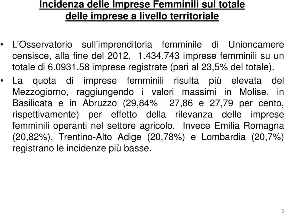 La quota di imprese femminili risulta più elevata del Mezzogiorno, raggiungendo i valori massimi in Molise, in Basilicata e in Abruzzo (29,84% 27,86 e 27,79 per