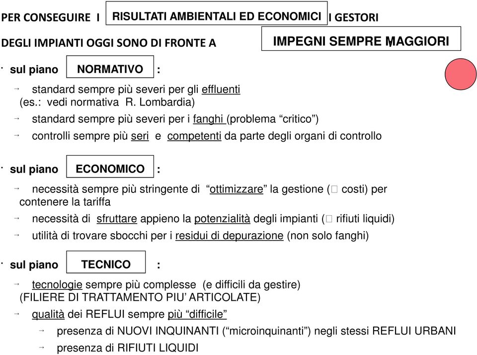 Lombardia) standard sempre più severi per i fanghi (problema critico ) controlli sempre più seri e competenti da parte degli organi di controllo sul piano ECONOMICO : necessità sempre più stringente