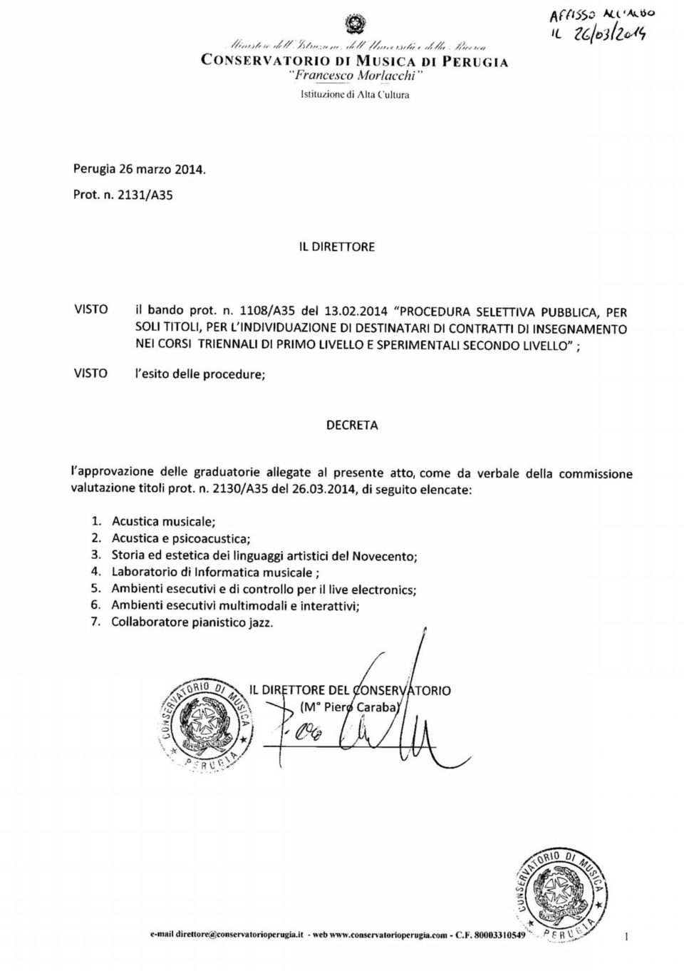 delle procedure; DECRETA l approvazione delle graduatorie allegate al presente atto come da verbale della commissione valutazione titoli prot. n. 2130/A35 del 26.03.2014, di seguito elencate: 1.