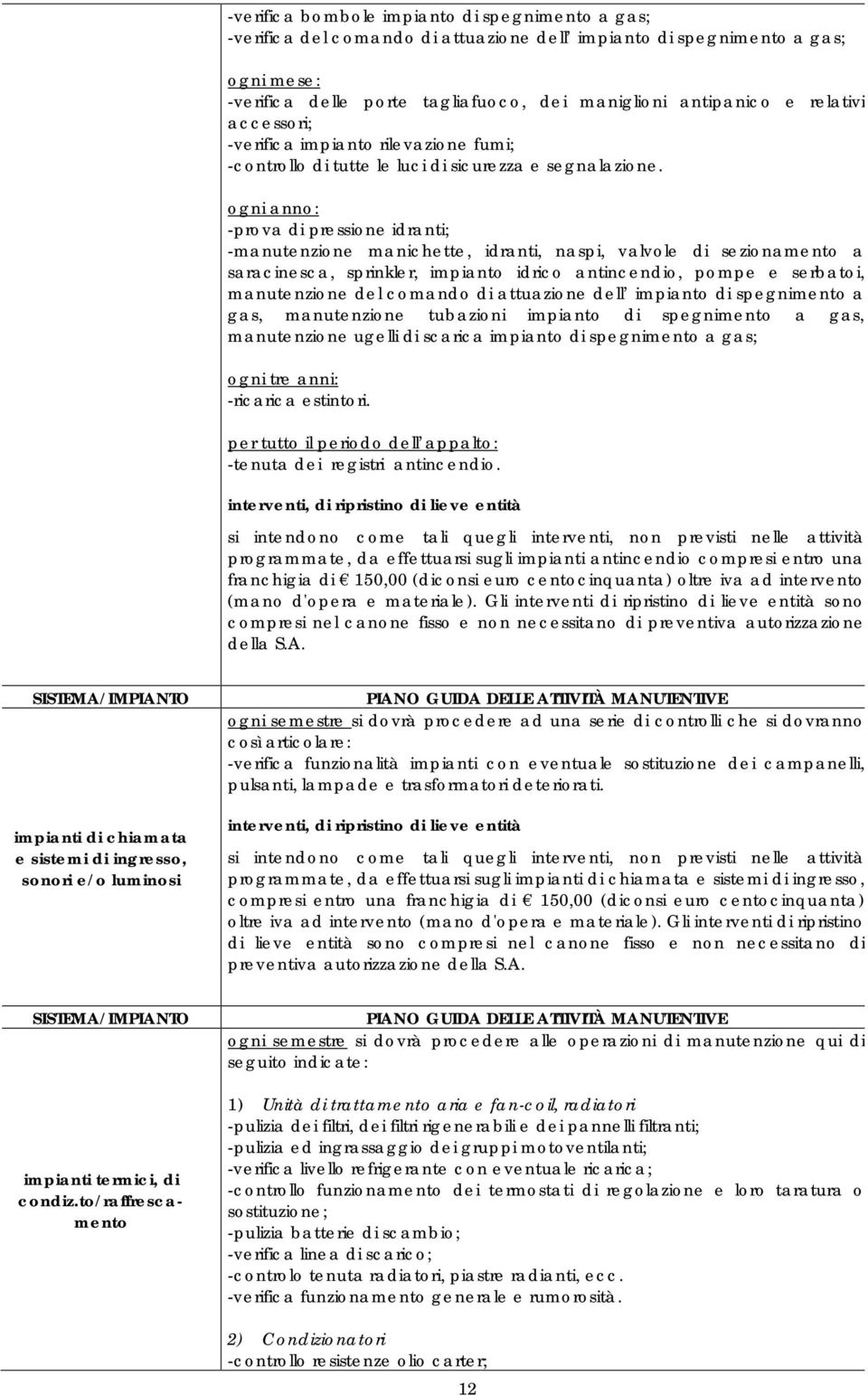 ogni anno: -prova di pressione idranti; -manutenzione manichette, idranti, naspi, valvole di sezionamento a saracinesca, sprinkler, impianto idrico antincendio, pompe e serbatoi, manutenzione del