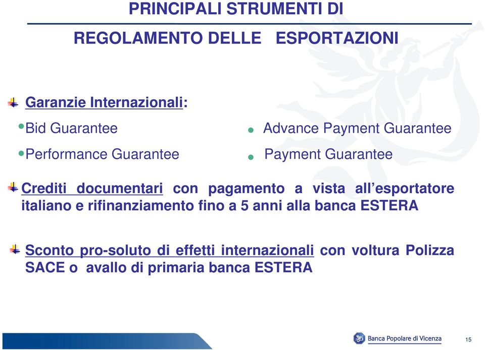 pagamento a vista all esportatore italiano e rifinanziamento fino a 5 anni alla banca ESTERA