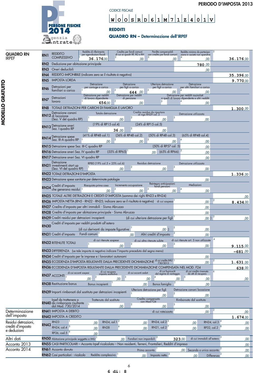 7.7 RN Deduzione per abitazione principale 780 RN Oneri deducibili RN REDDITO IMPONIBILE (indicare zero se il risultato è negativo).9 RN IMPOSTA LORDA 9.