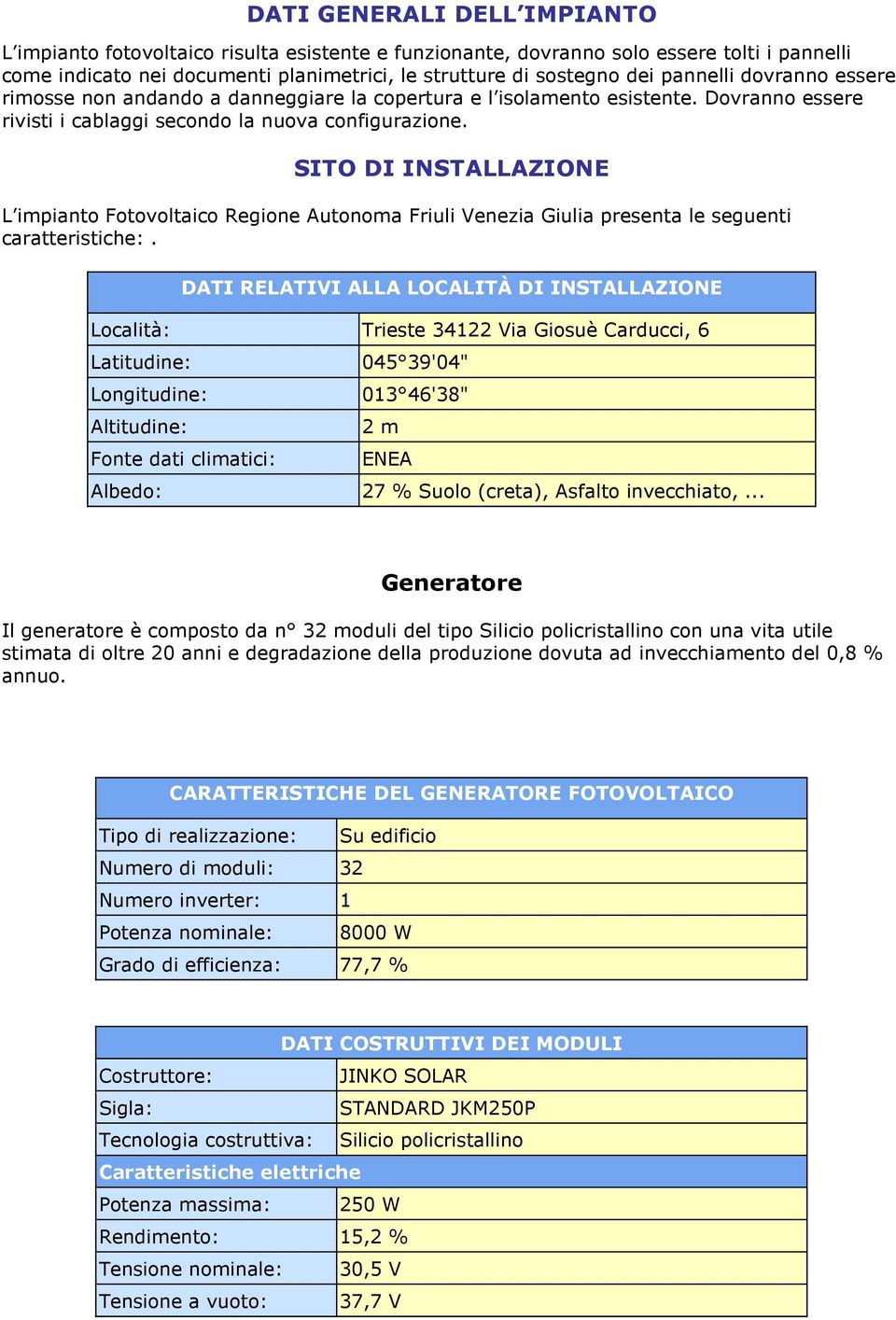 SITO DI INSTALLAZIONE L impianto Fotovoltaico Regione Autonoma Friuli Venezia Giulia presenta le seguenti caratteristiche:.