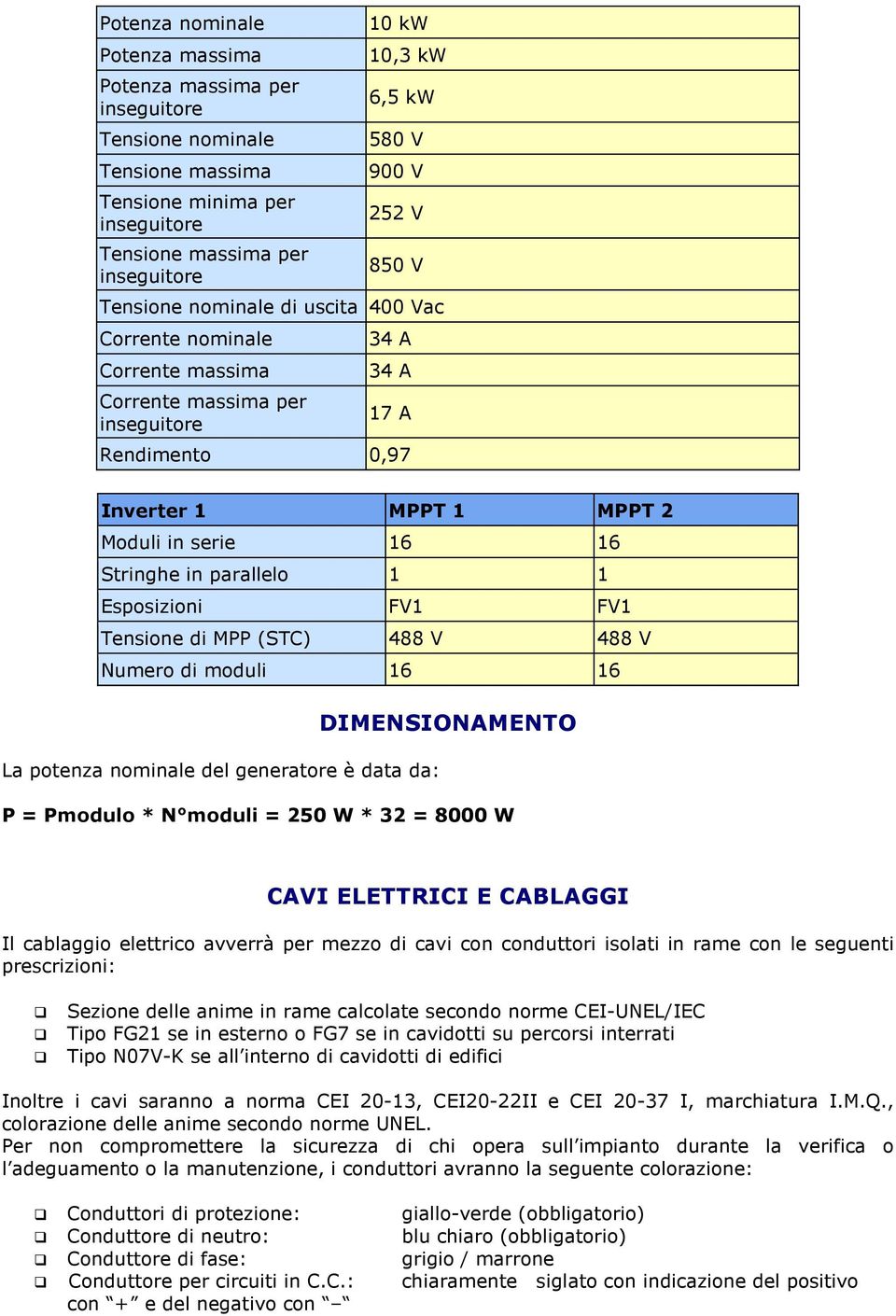 Tensione di MPP (STC) 488 V 488 V Numero di moduli 16 16 DIMENSIONAMENTO La potenza nominale del generatore è data da: P = Pmodulo * N moduli = 250 W * 32 = 8000 W CAVI ELETTRICI E CABLAGGI Il