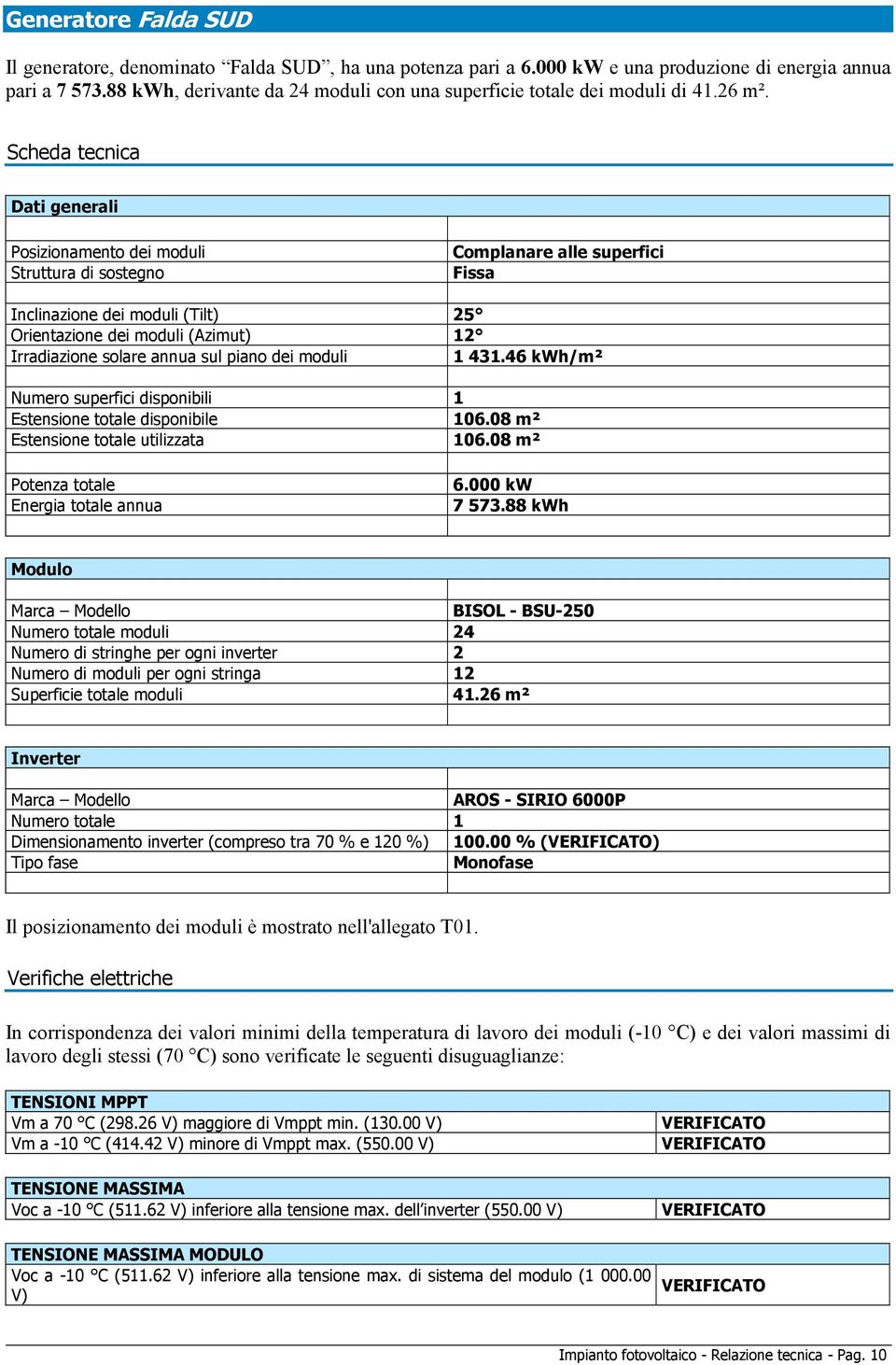 Scheda tecnica Dati generali Posizionamento dei moduli Struttura di sostegno Complanare alle superfici Fissa Inclinazione dei moduli (Tilt) 25 Orientazione dei moduli (Azimut) 12 Irradiazione solare