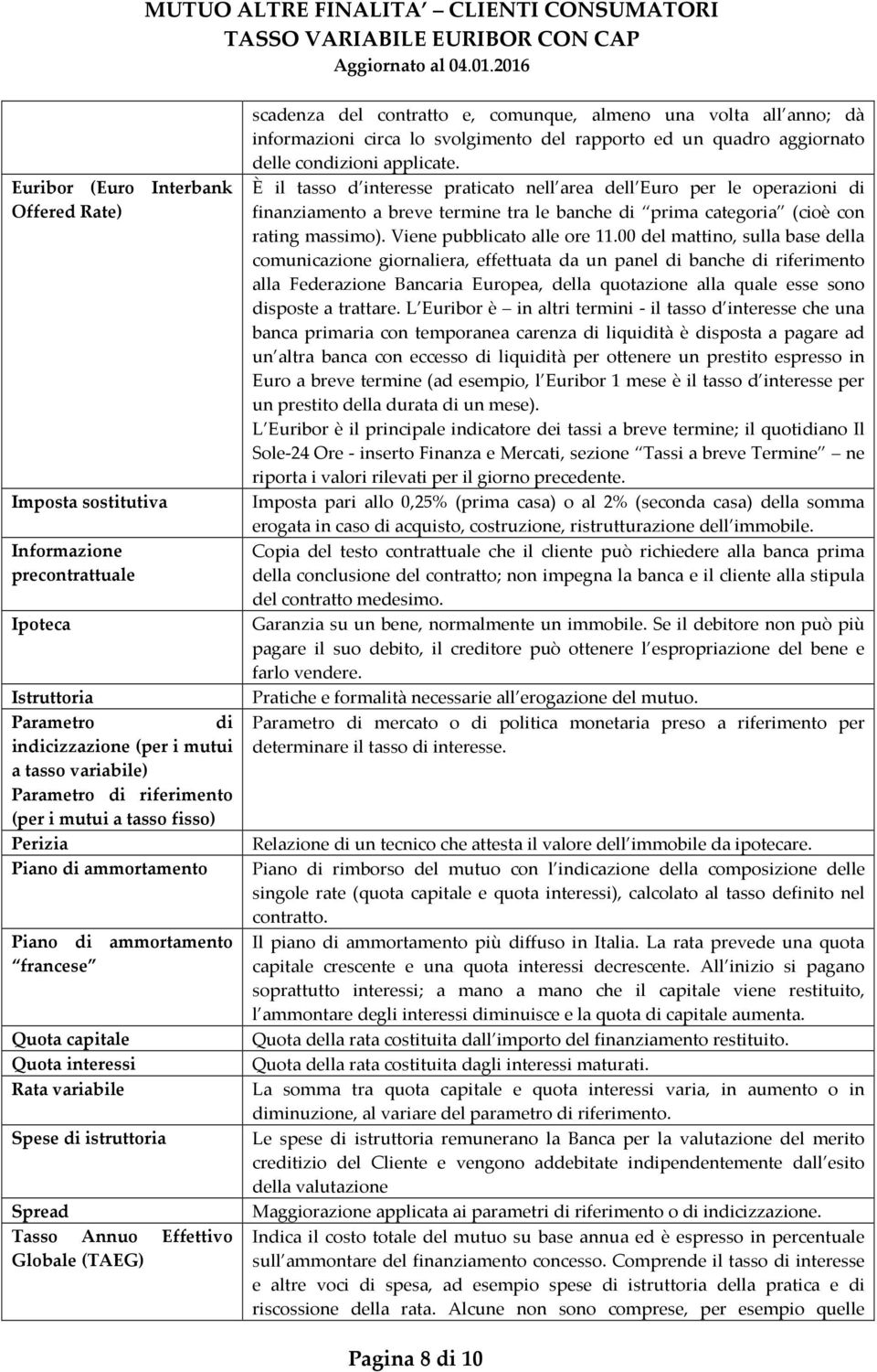 scadenza del contratto e, comunque, almeno una volta all anno; dà informazioni circa lo svolgimento del rapporto ed un quadro aggiornato delle condizioni applicate.