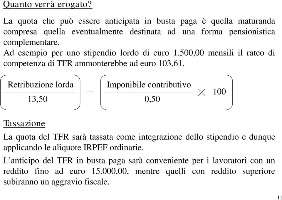 Ad esempio per uno stipendio lordo di euro 1.500,00 mensili il rateo di competenza di TFR ammonterebbe ad euro 103,61.