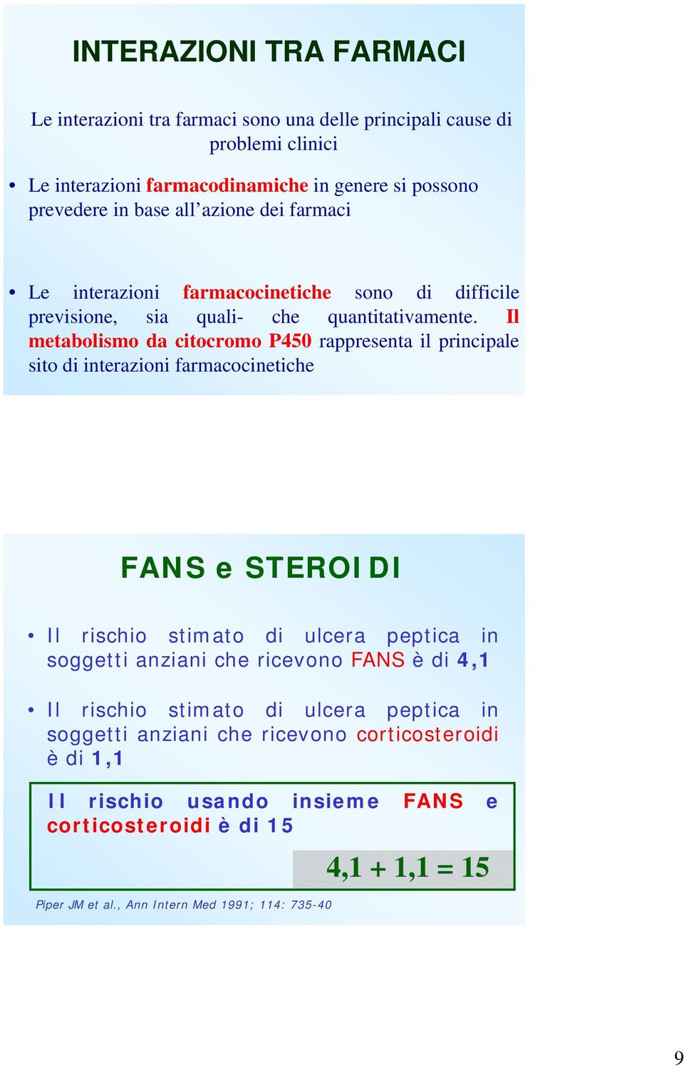 Il metabolismo da citocromo P450 rappresenta il principale sito di interazioni farmacocinetiche FANS e STEROIDI Il rischio stimato di ulcera peptica in soggetti anziani che