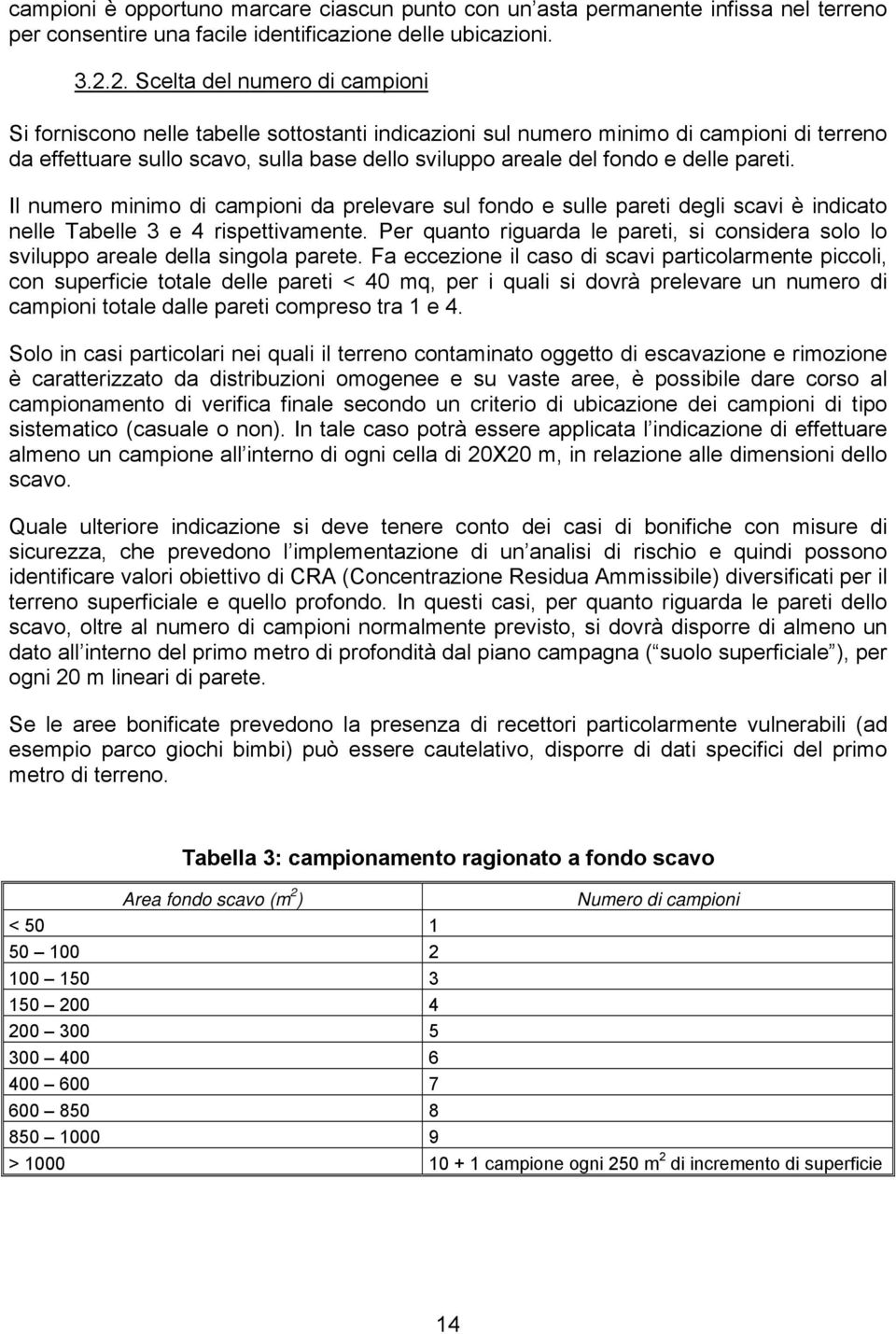 delle pareti. Il numero minimo di campioni da prelevare sul fondo e sulle pareti degli scavi è indicato nelle Tabelle 3 e 4 rispettivamente.