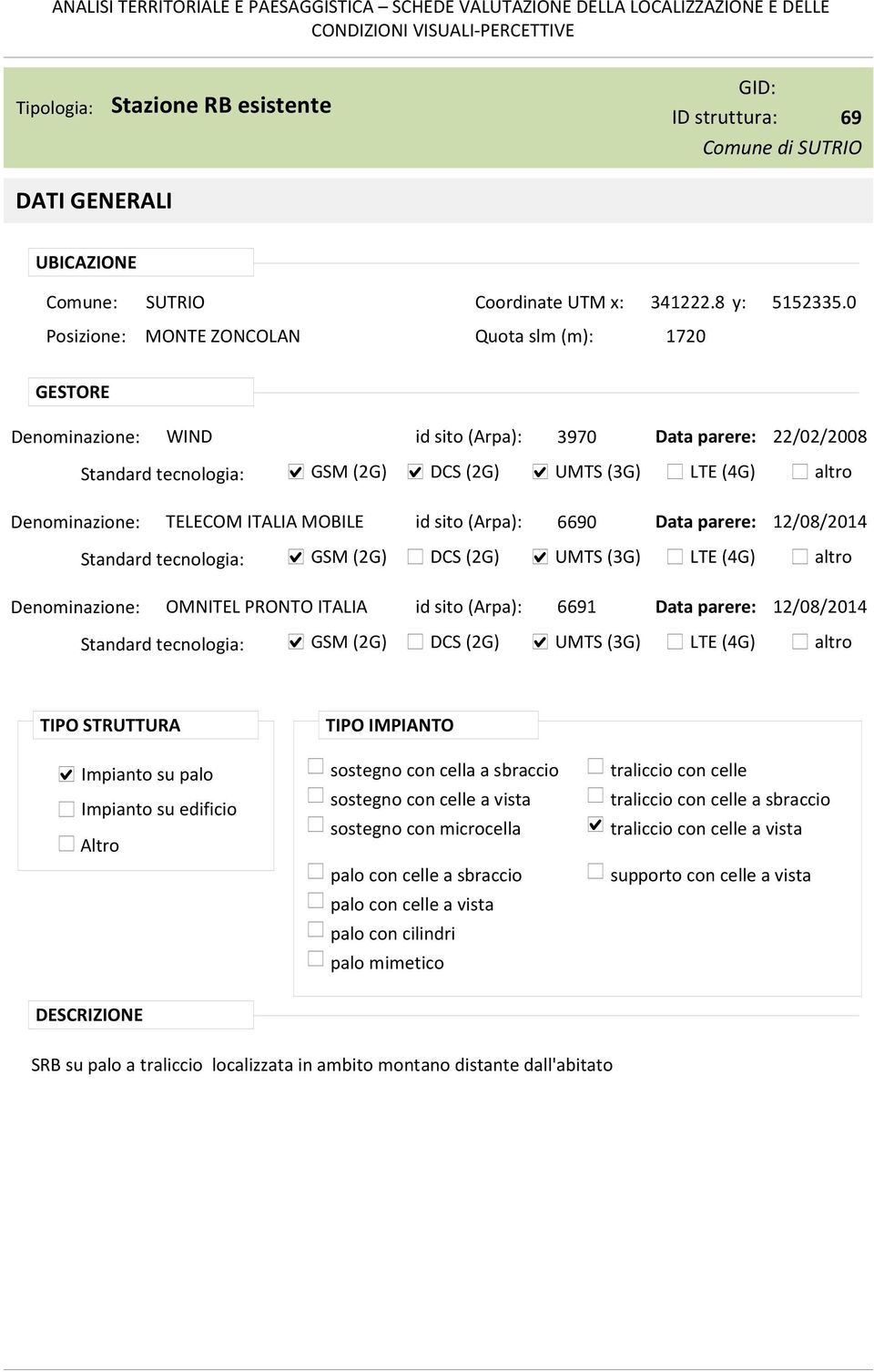 OMNITEL PRONTO ITALIA id sito (Arpa): 6691 Data parere: 12/08/2014 TIPO STRUTTURA Impianto su palo Impianto su edificio Altro TIPO IMPIANTO sostegno con cella a sbraccio sostegno con celle a vista