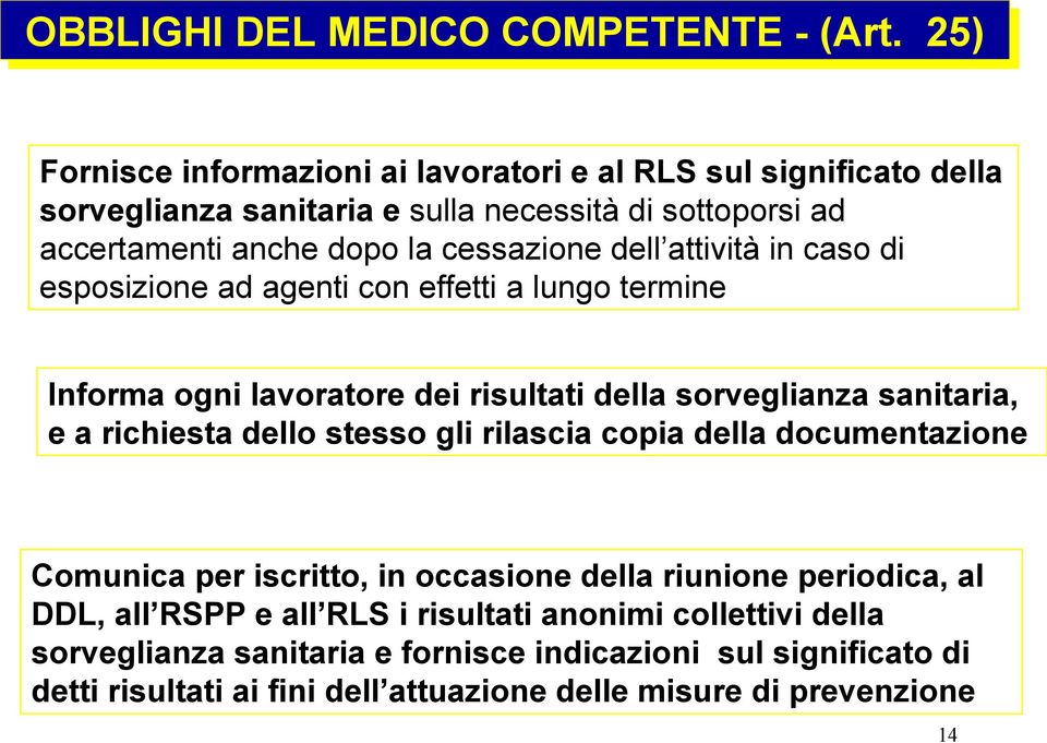 dell attività in caso di esposizione ad agenti con effetti a lungo termine Informa ogni lavoratore dei risultati della sorveglianza sanitaria, e a richiesta dello stesso