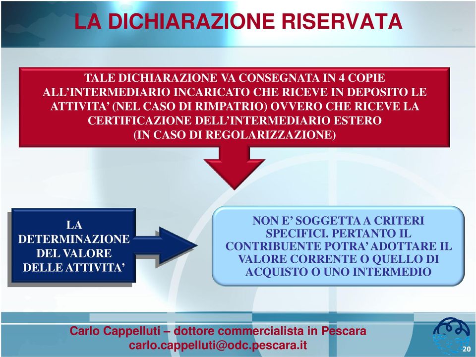 INTERMEDIARIO ESTERO (IN CASO DI REGOLARIZZAZIONE) LA DETERMINAZIONE DEL VALORE DELLE ATTIVITA NON E