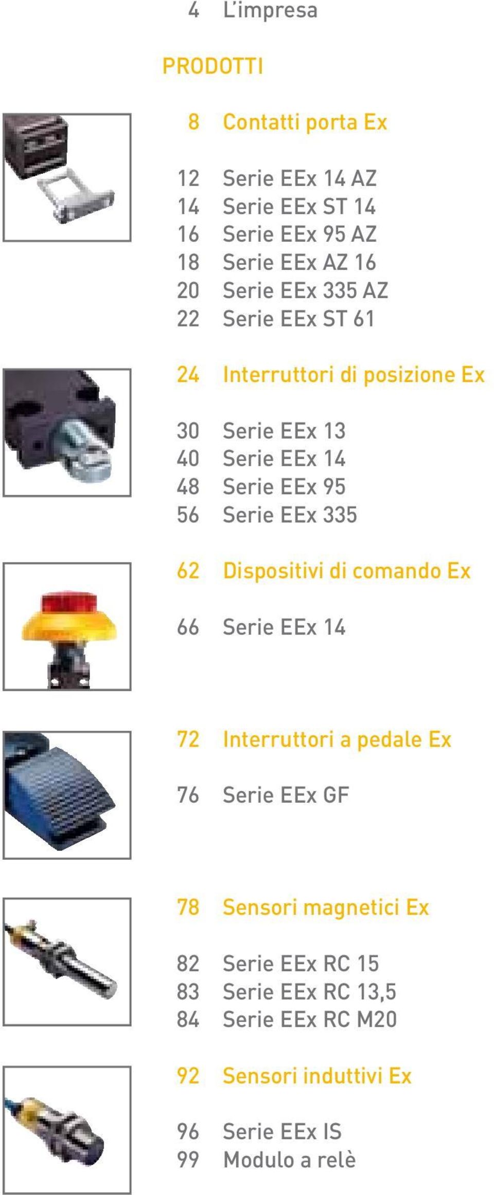 Serie EEx 335 62 Dispositivi di comando Ex 66 Serie EEx 14 72 Interruttori a pedale Ex 76 Serie EEx GF 78 Sensori