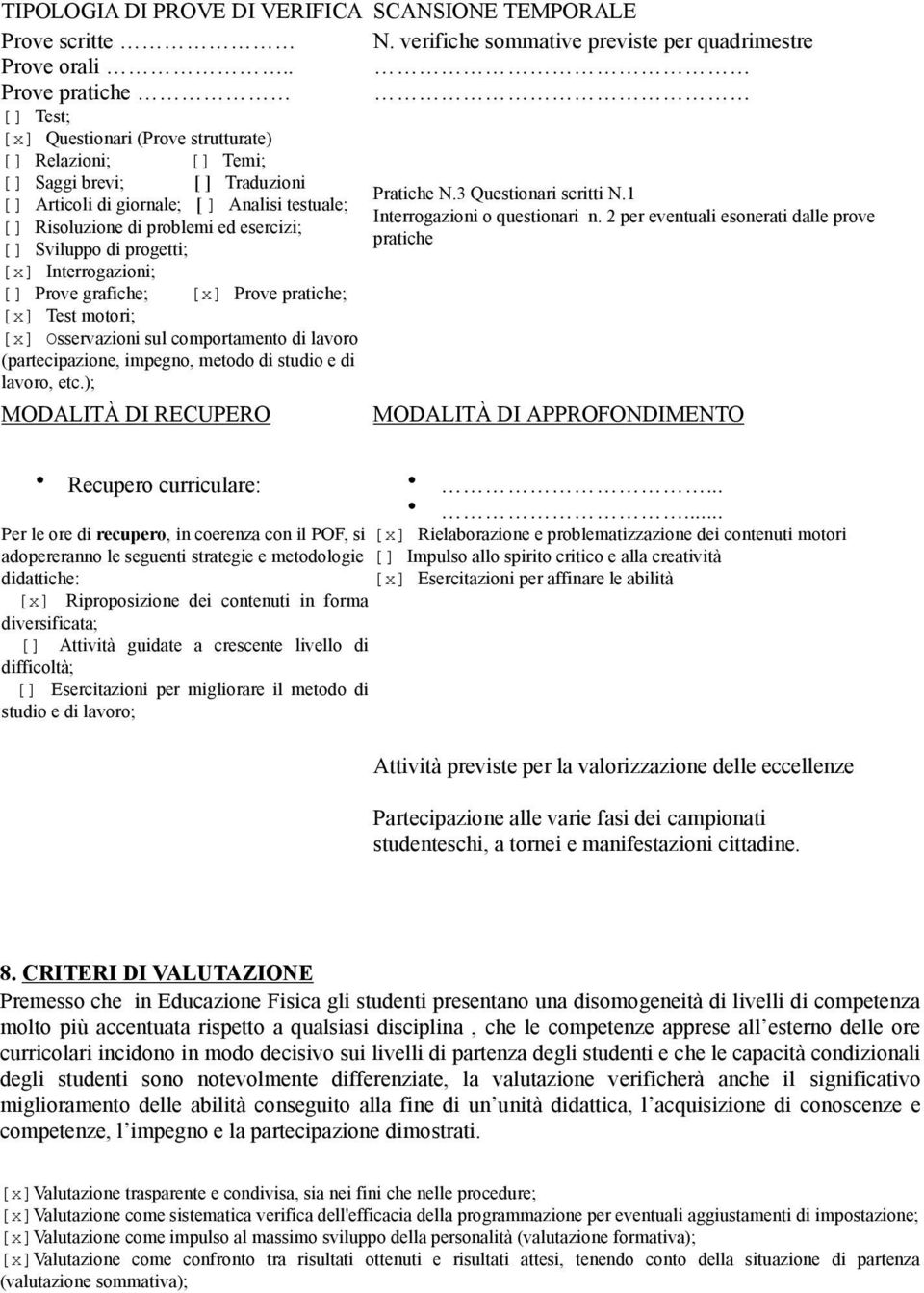 esercizi; [] Sviluppo di progetti; [x] Interrogazioni; [] Prove grafiche; [x] Prove pratiche; [x] Test motori; [x] Osservazioni sul comportamento di lavoro (partecipazione, impegno, metodo di studio