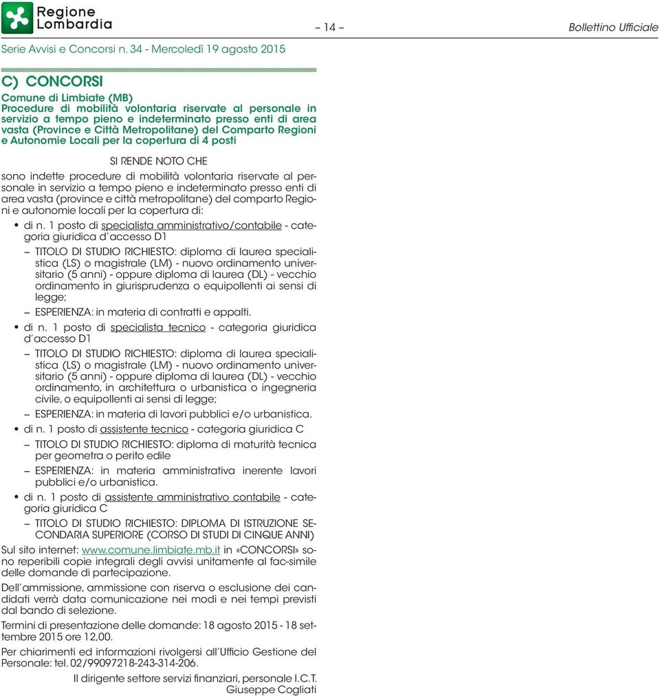 pieno e indeterminato presso enti di area vasta (province e città metropolitane) del comparto Regioni e autonomie locali per la copertura di: di n.