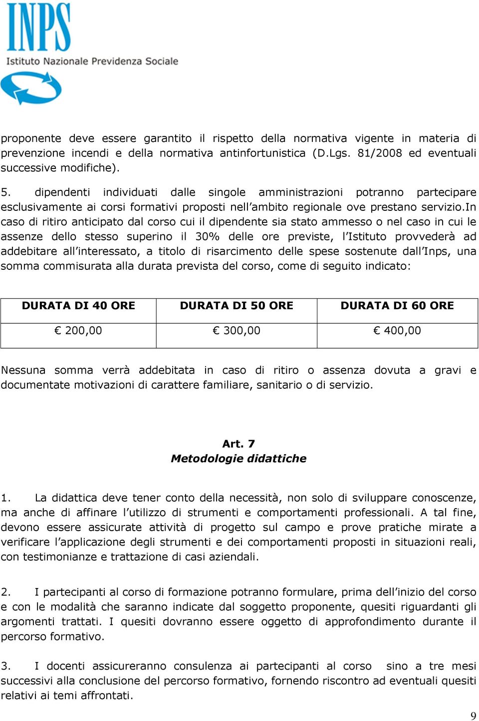 in caso di ritiro anticipato dal corso cui il dipendente sia stato ammesso o nel caso in cui le assenze dello stesso superino il 30% delle ore previste, l Istituto provvederà ad addebitare all