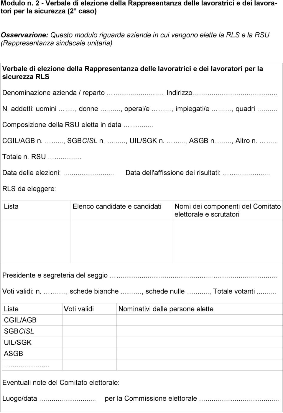 (Rappresentanza sindacale unitaria) Verbale di elezione della Rappresentanza delle lavoratrici e dei lavoratori per la sicurezza RLS Denominazione azienda / reparto... Indirizzo... N. addetti: uomini.