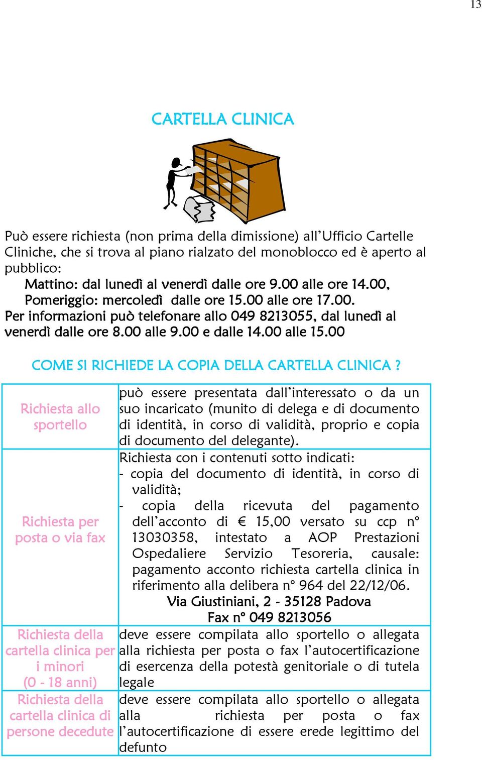 00 e dalle 14.00 alle 15.00 COME SI RICHIEDE LA COPIA DELLA CARTELLA CLINICA?