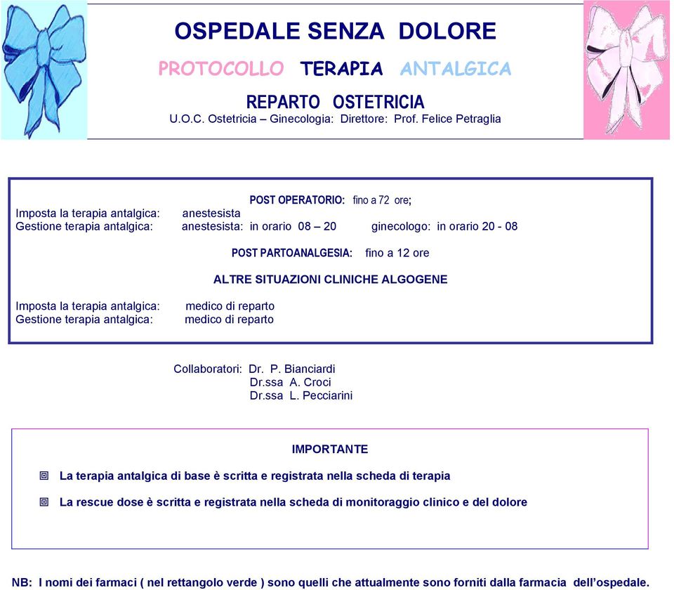 medic di repart Gestine terapia antalgica: medic di repart POST PARTOANALGEA: fin a 12 re ALTRE TUAZIONI CLINICHE ALGOGENE Cllabratri: Dr. P. Bianciardi Dr.ssa A. Crci Dr.ssa L.