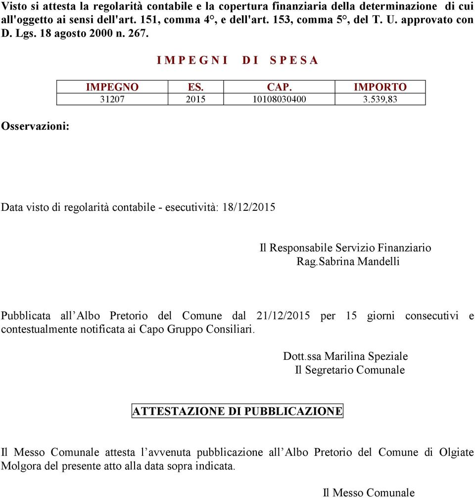 539,83 Osservazioni: Data visto di regolarità contabile - esecutività: 18/12/2015 Il Responsabile Servizio Finanziario Rag.