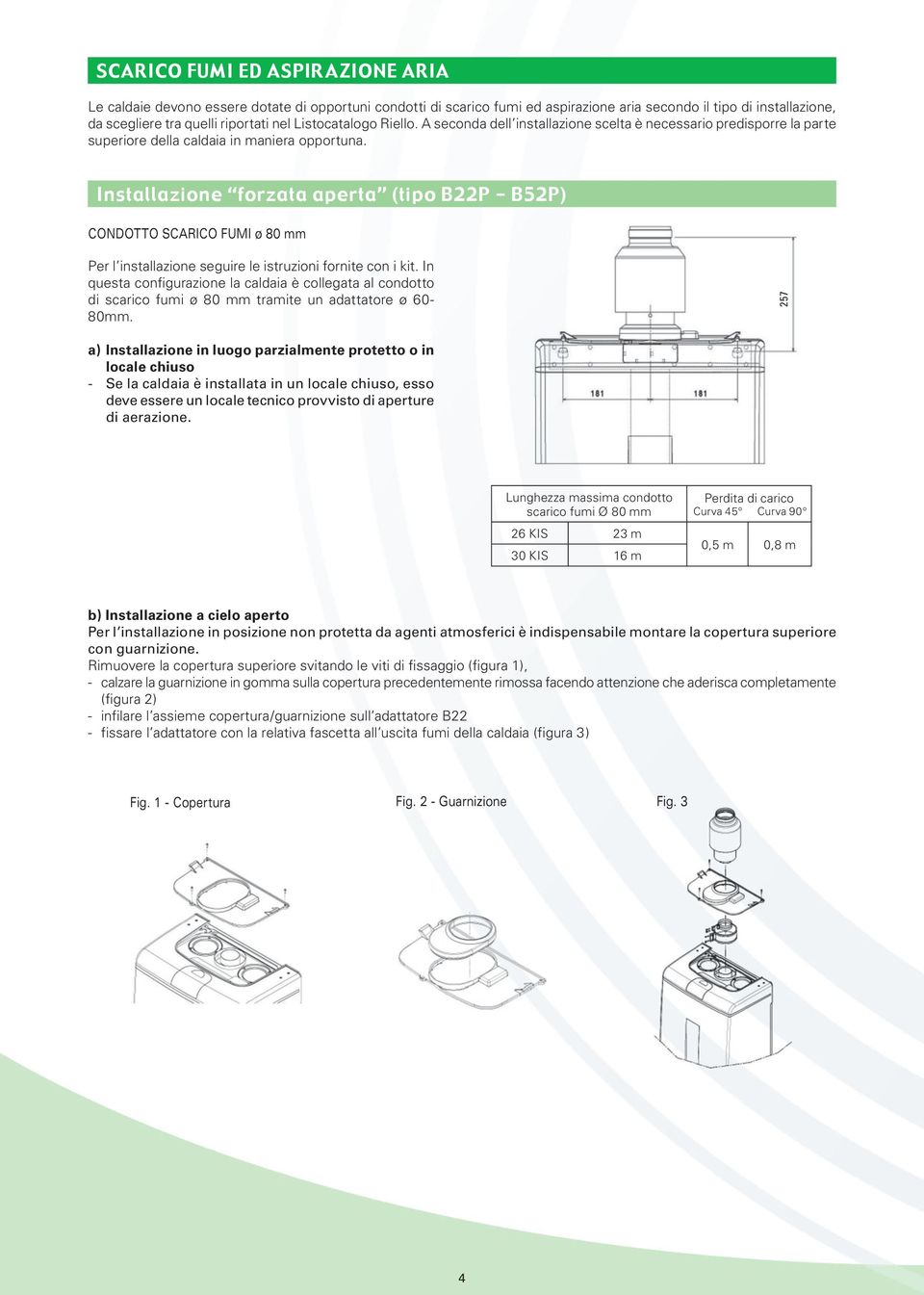 Installazione forzata aperta (tipo B22P - B52P) CONDOTTO SCARICO FUMI ø 80 mm Per l installazione seguire le istruzioni fornite con i kit.