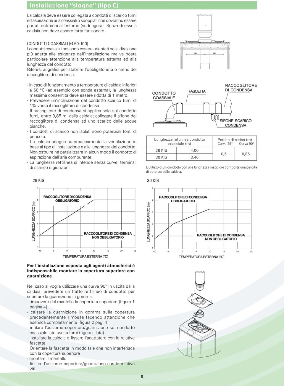 CONDOTTI COASSIALI (Ø 60-100) I condotti coassiali possono essere orientati nella direzione più adatta alle esigenze dell installazione ma va posta particolare attenzione alla temperatura esterna ed