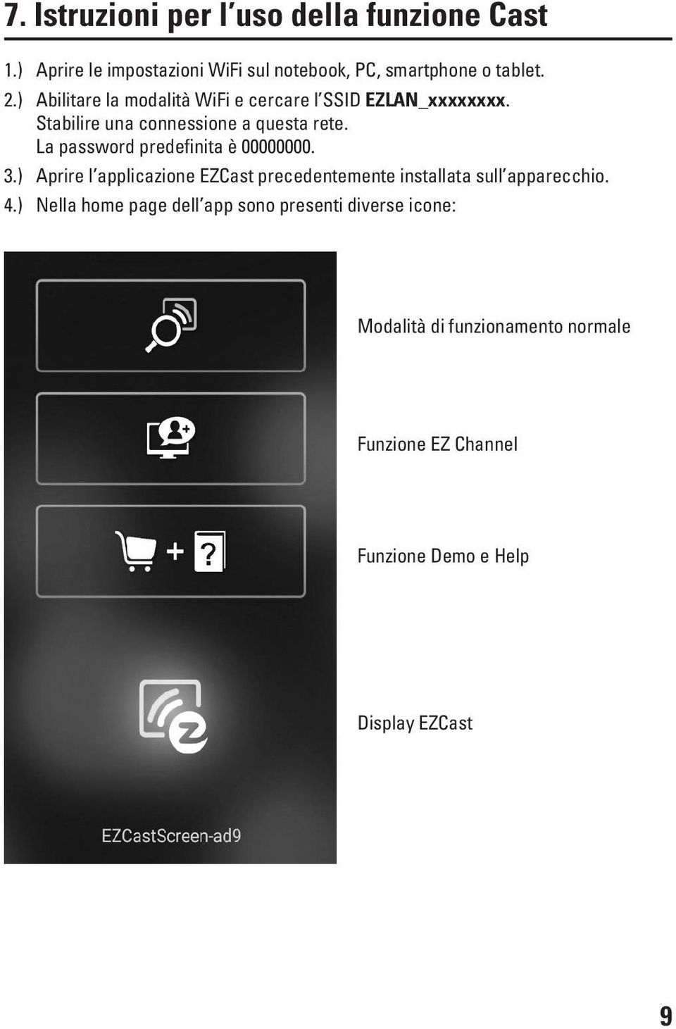 La password predefinita è 00000000. 3.) Aprire l applicazione EZCast precedentemente installata sull apparecchio. 4.