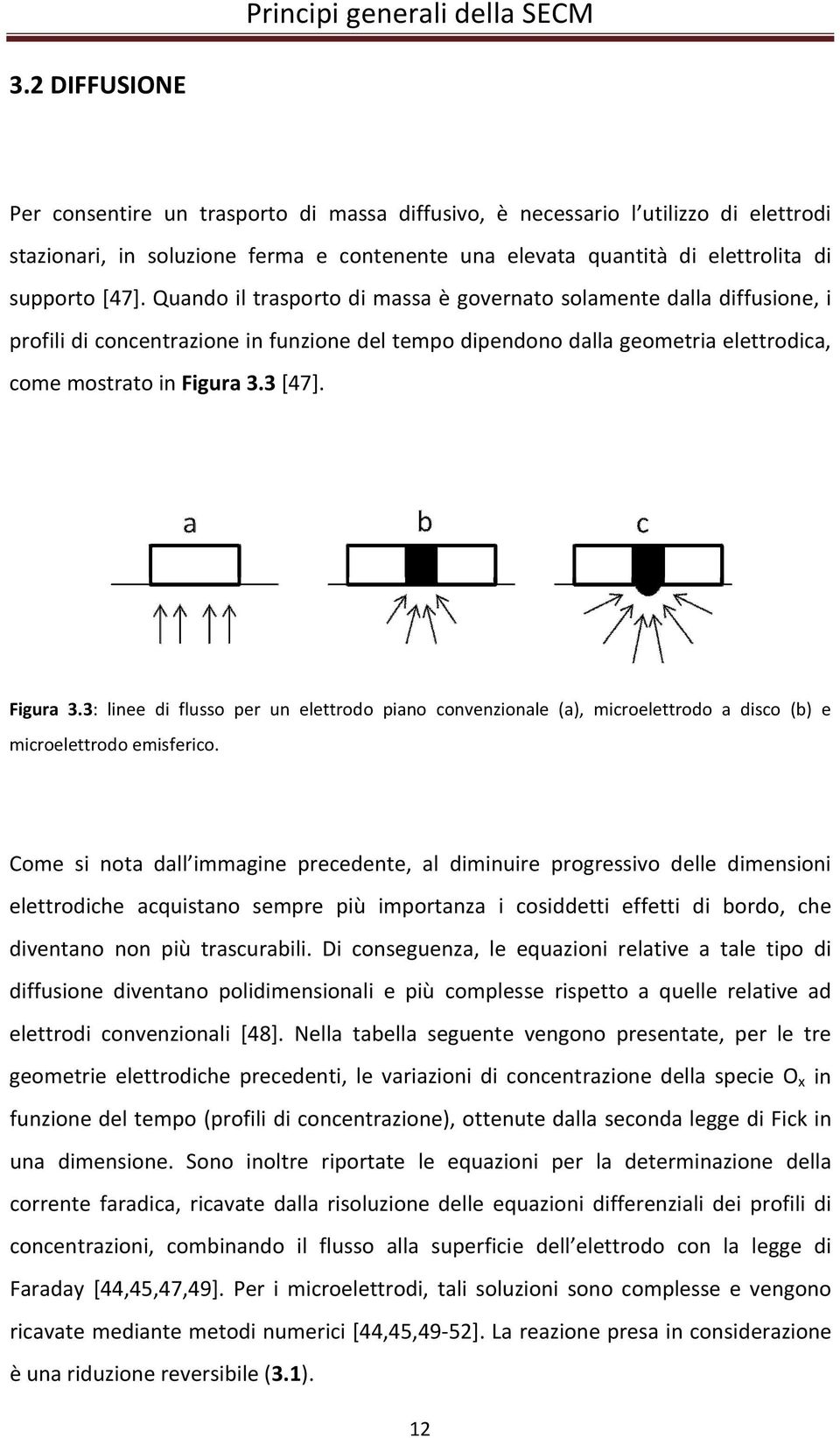 Quando il trasporto di massa è governato solamente dalla diffusione, i profili di concentrazione in funzione del tempo dipendono dalla geometria elettrodica, come mostrato in Figura 3.3 [47].