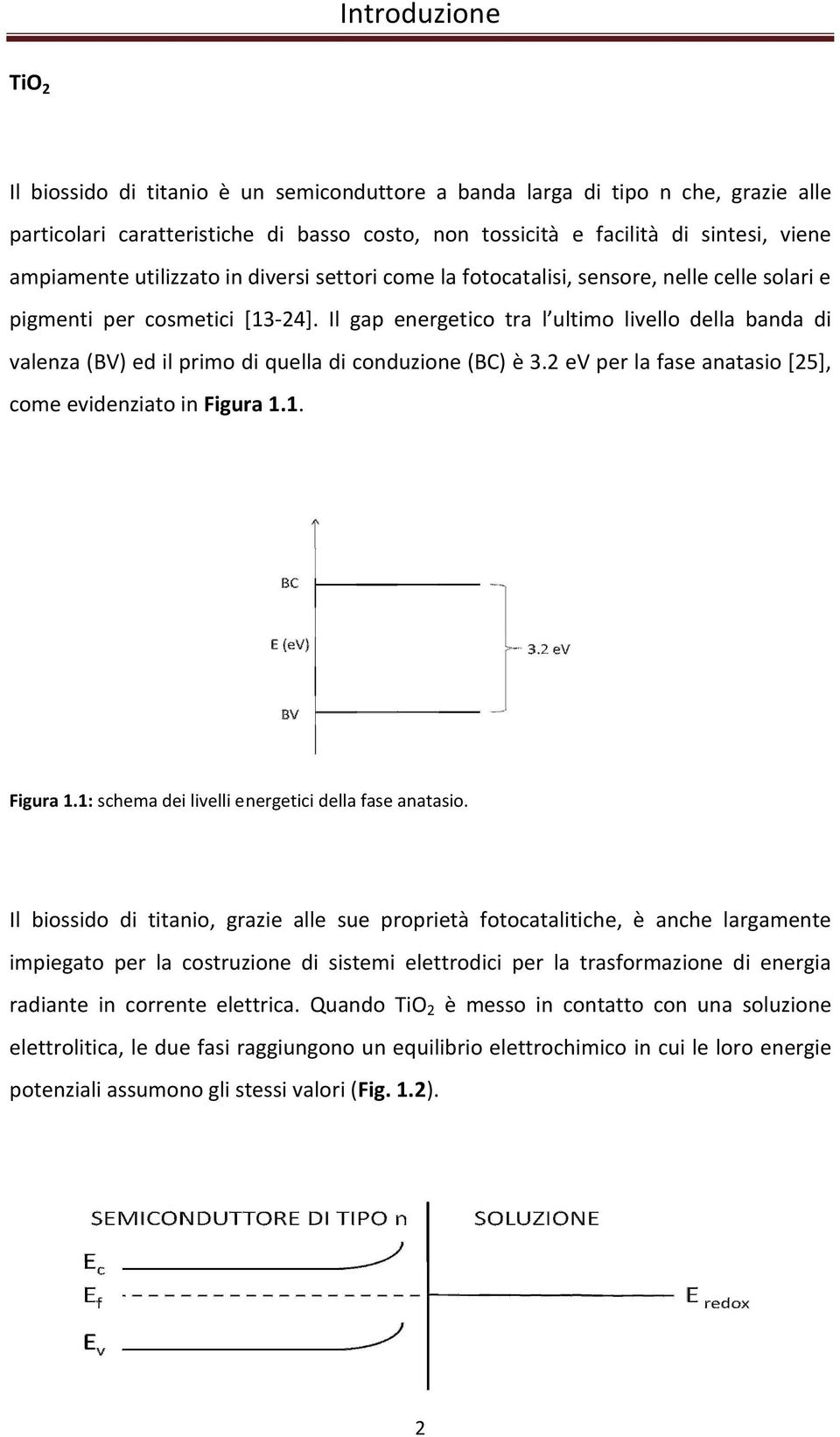 Il gap energetico tra l ultimo livello della banda di valenza (BV) ed il primo di quella di conduzione (BC) è 3.2 ev per la fase anatasio [25], come evidenziato in Figura 1.