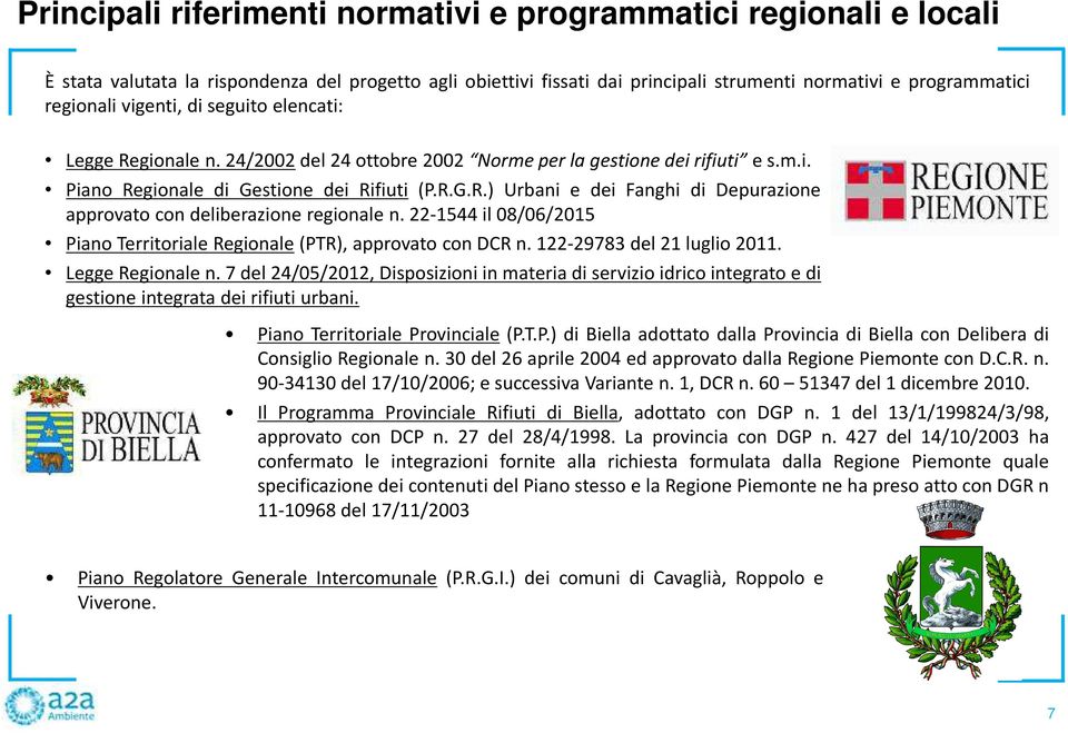 22-1544 il 08/06/2015 Piano Territoriale Regionale(PTR), approvato con DCR n. 122-29783 del 21 luglio 2011. Legge Regionale n.