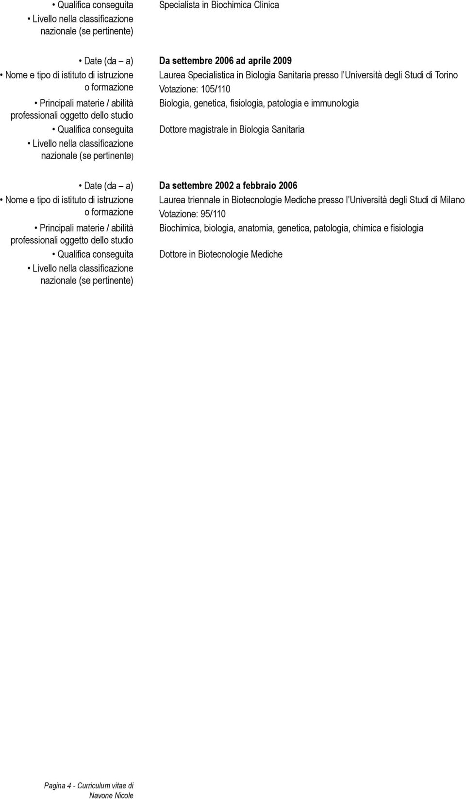 Biologia Sanitaria Date (da a) Da settembre 2002 a febbraio 2006 Nome e tipo di istituto di istruzione Laurea triennale in Biotecnologie Mediche presso l Università degli Studi di Milano o