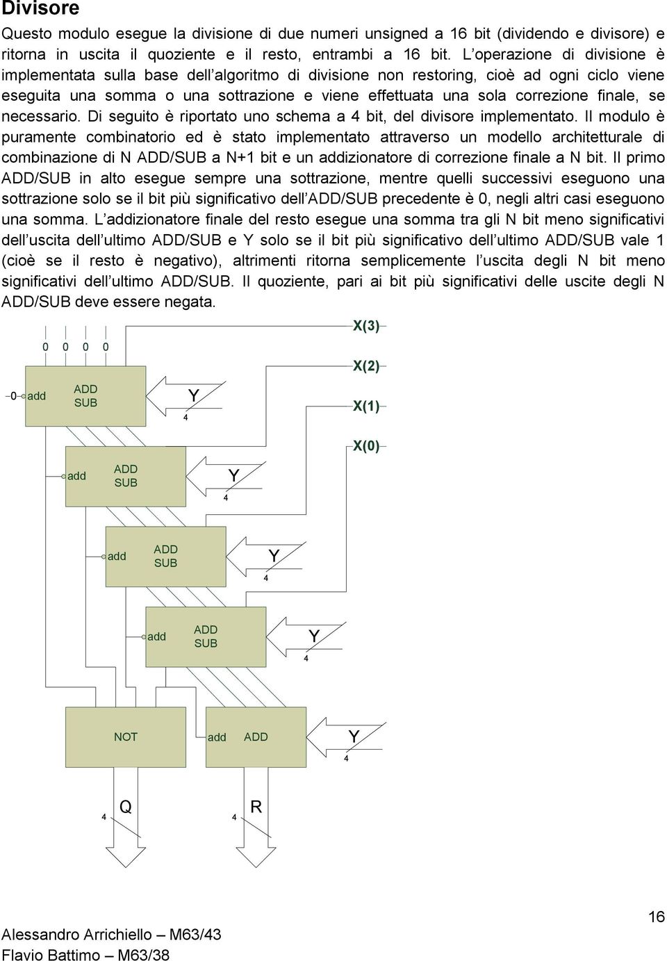 finale, se necessario. Di seguito è riportato uno schema a 4 bit, del divisore implementato.