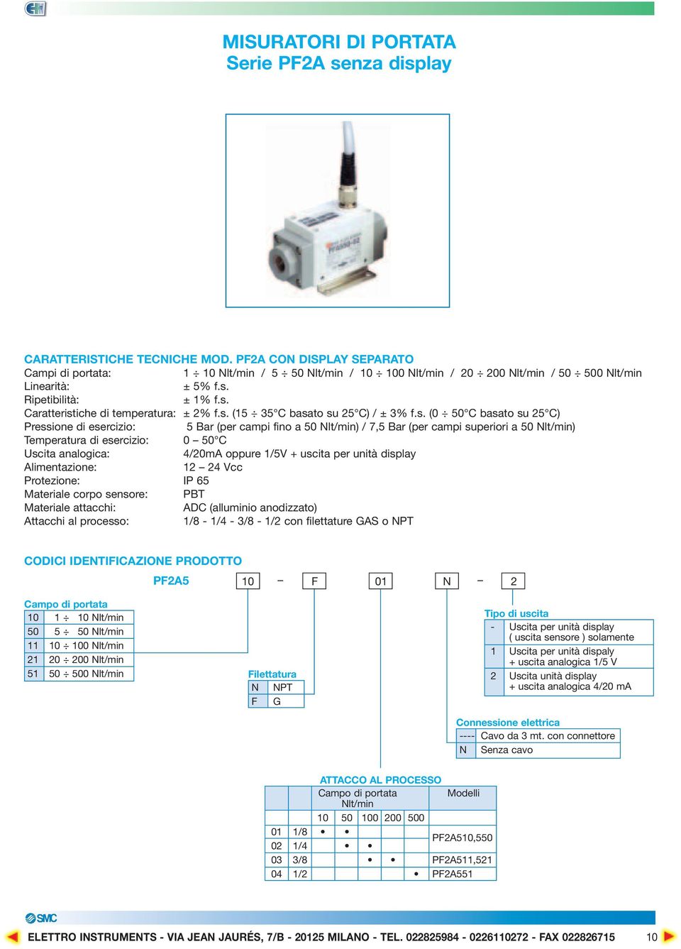 s. (15 35 C basato su 25 C) / ± 3% f.s. (0 50 C basato su 25 C) Pressione di esercizio: 5 Bar (per campi fino a 50 Nlt/min) / 7,5 Bar (per campi superiori a 50 Nlt/min) Temperatura di esercizio: 0 50