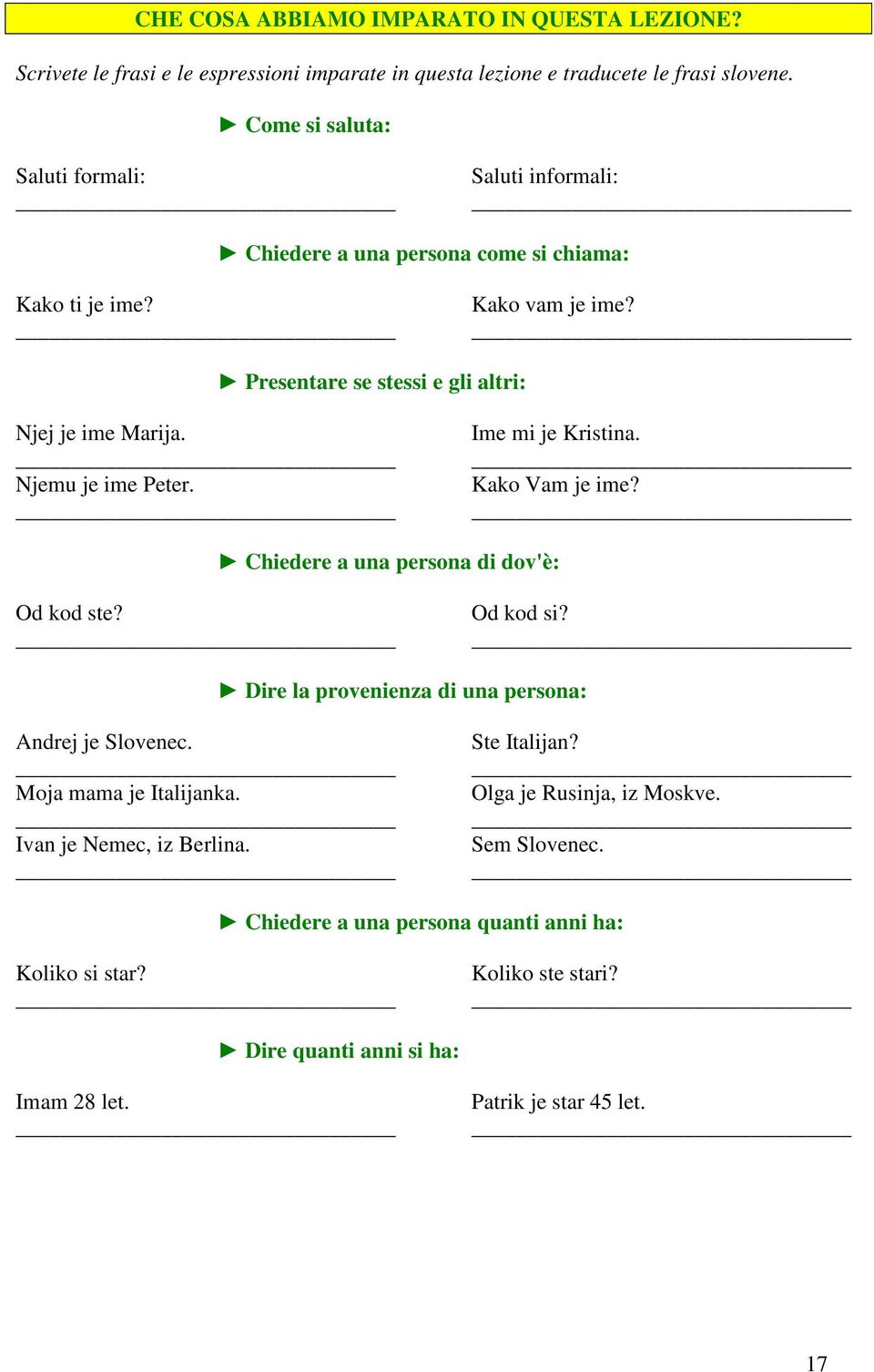 Njemu je ime Peter. Ime mi je Kristina. Kako Vam je ime? Chiedere a una persona di dov'è: Od kod ste? Od kod si? Dire la provenienza di una persona: Andrej je Slovenec.