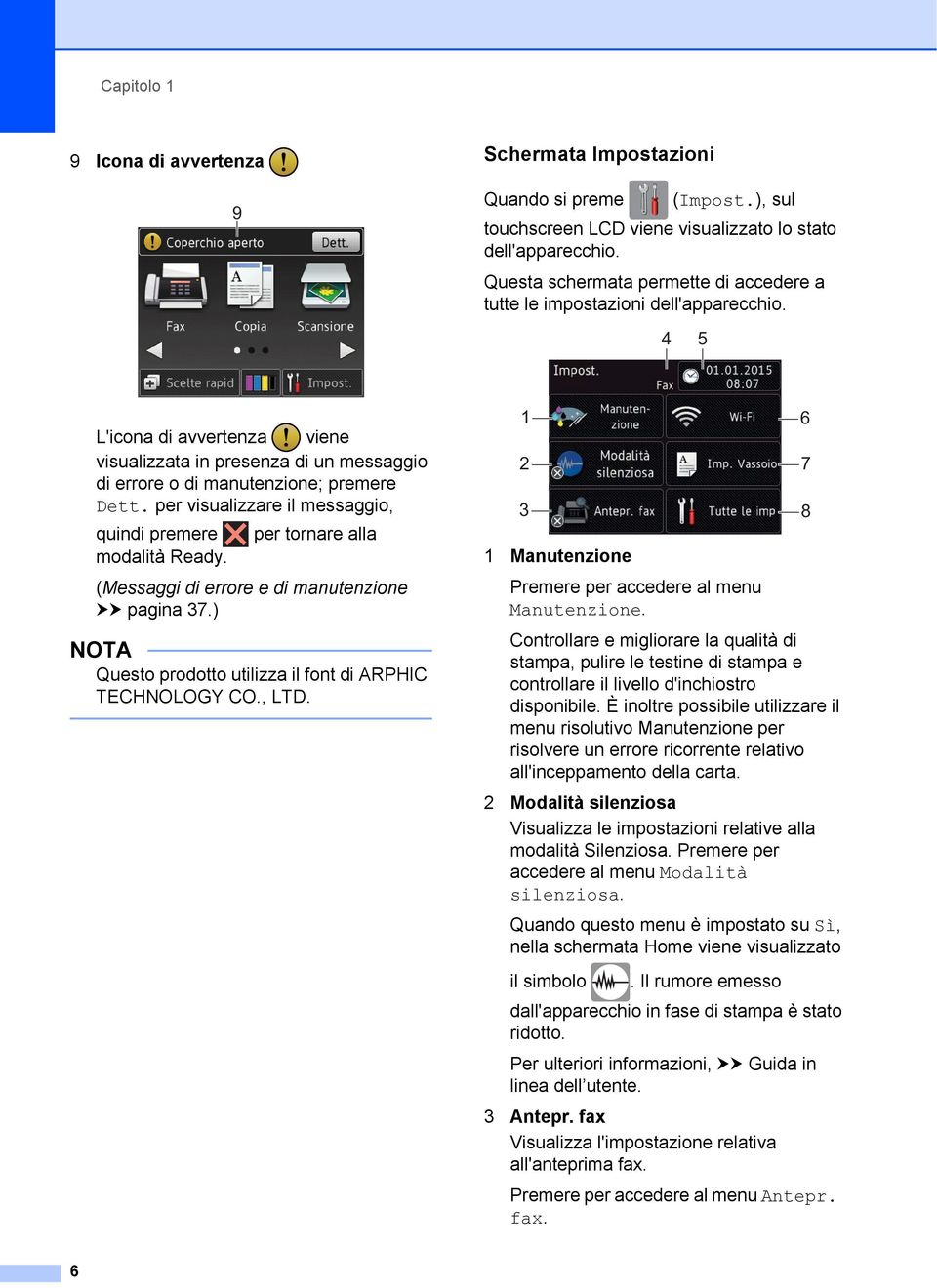 per visualizzare il messaggio, quindi premere per tornare alla modalità Ready. (Messaggi di errore e di manutenzione uu pagina 37.) NOTA Questo prodotto utilizza il font di ARPHIC TECHNOLOGY CO., LTD.