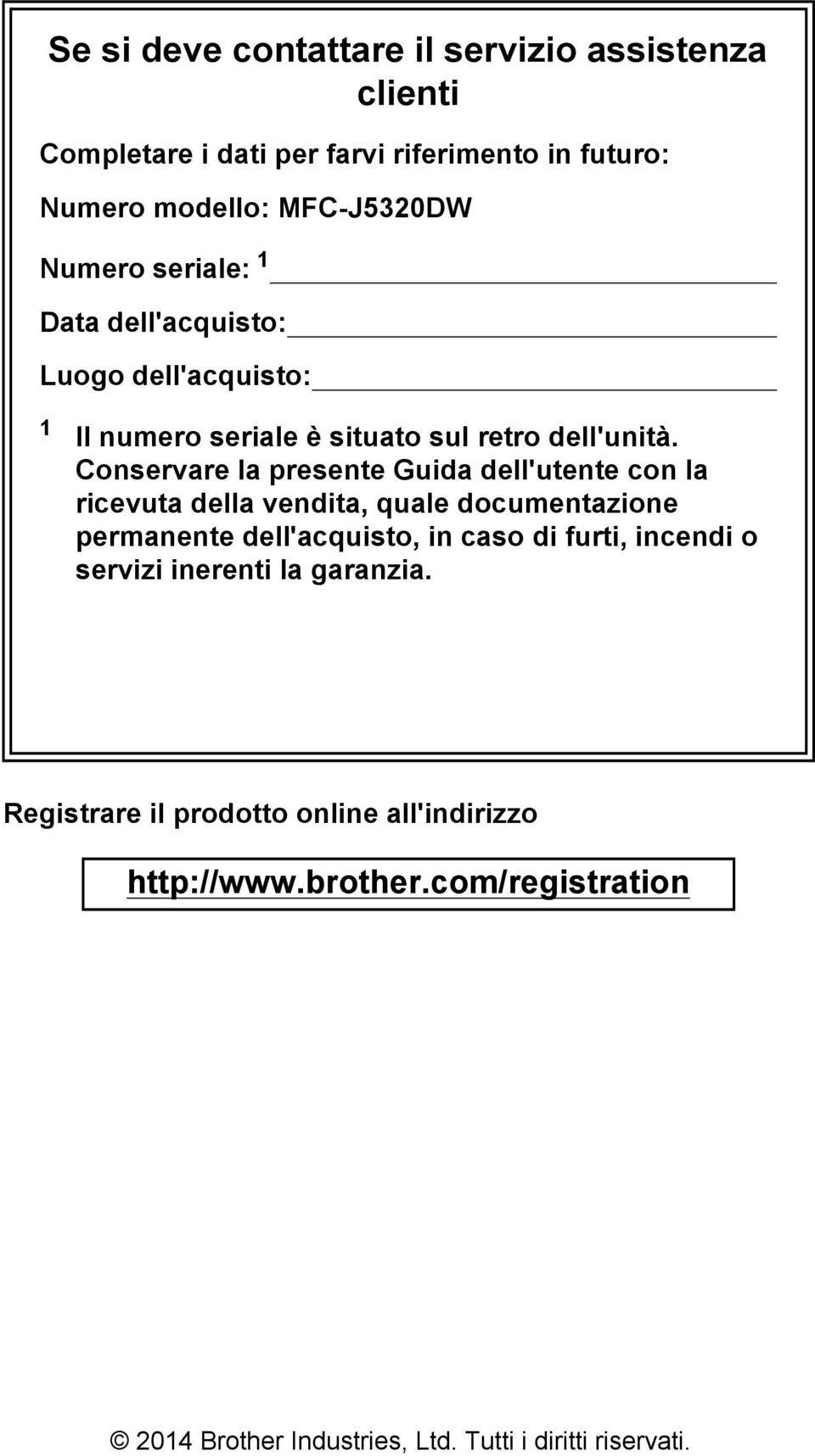 Conservare la presente Guida dell'utente con la ricevuta della vendita, quale documentazione permanente dell'acquisto, in caso di furti,