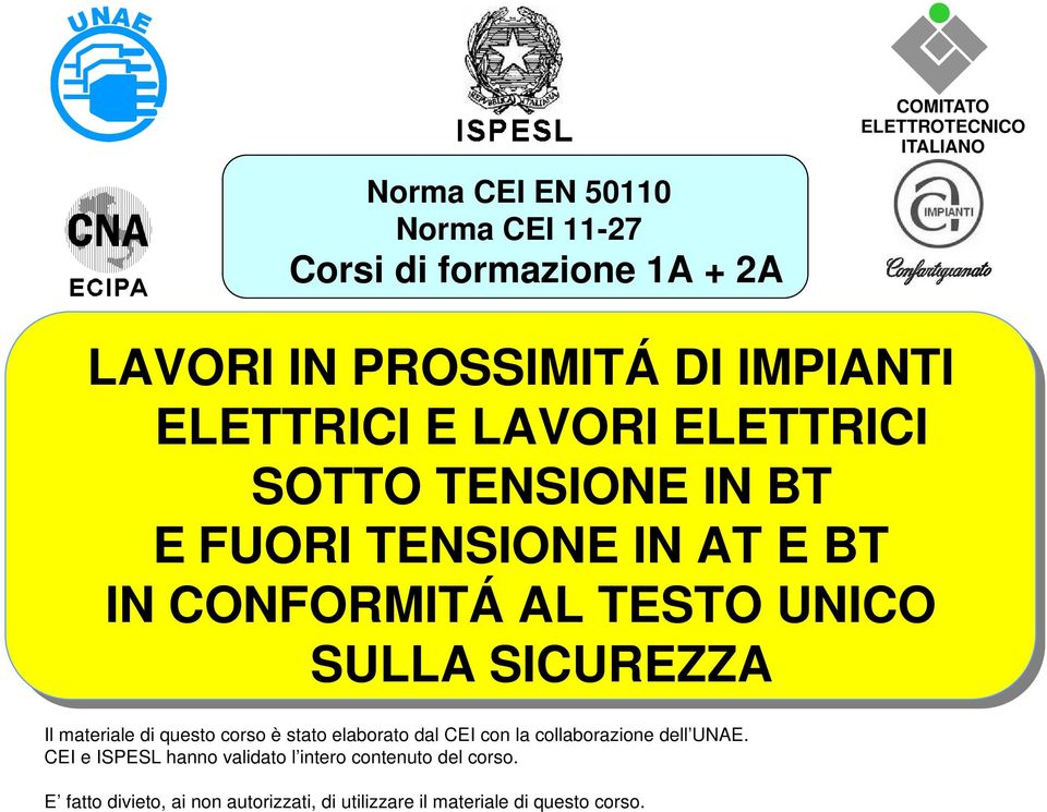 SULLA SICUREZZA Il materiale di questo corso è stato elaborato dal CEI con la collaborazione dell UNAE.